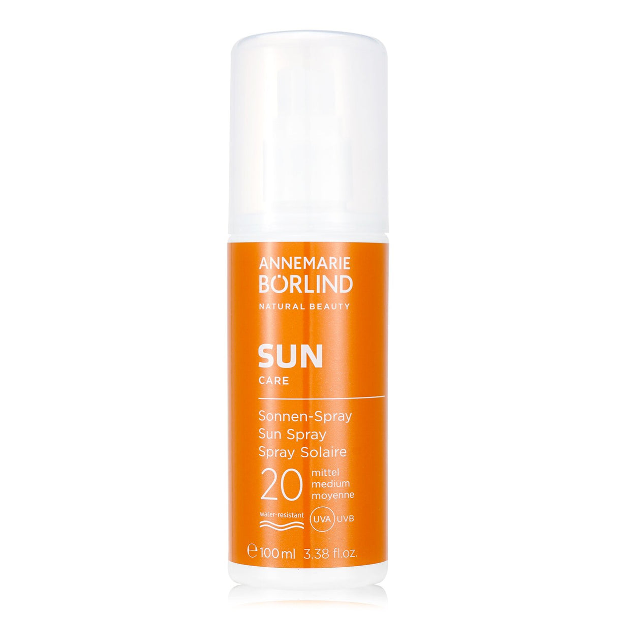 Annemarie Borlind Sun Spray SPF 20, a lightweight, water-resistant, vegan sunscreen for sensitive skin, protecting against UVA/UVB rays.