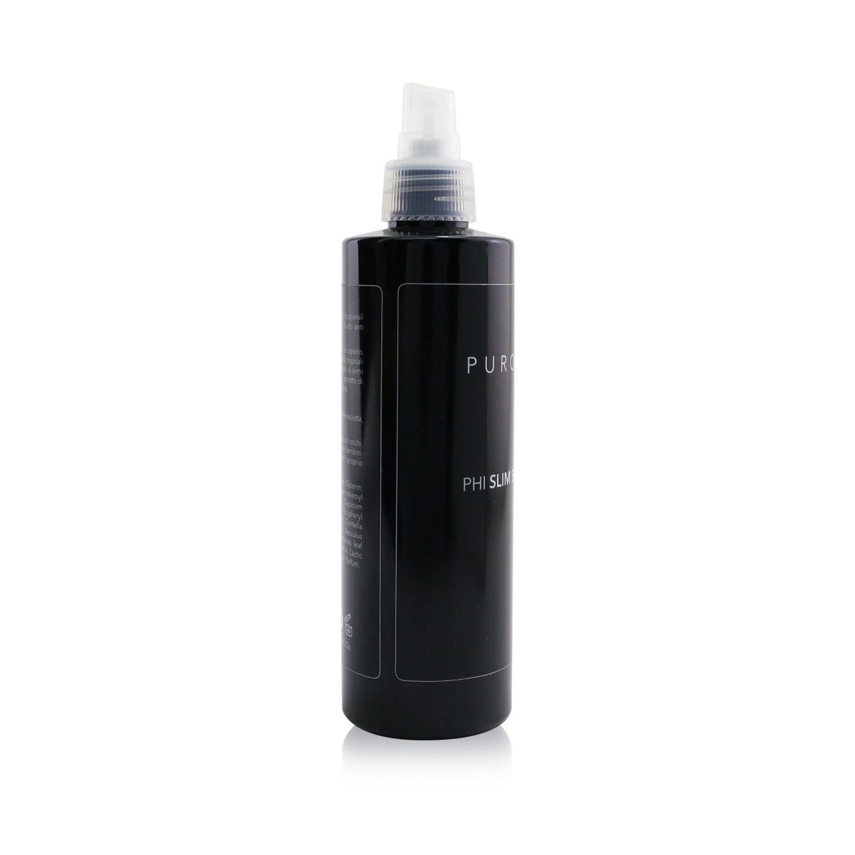 Bottle of PUROPHI Phi Slim Serum, an anti-cellulite body mist with caffeine and plant extracts for firmer skin.