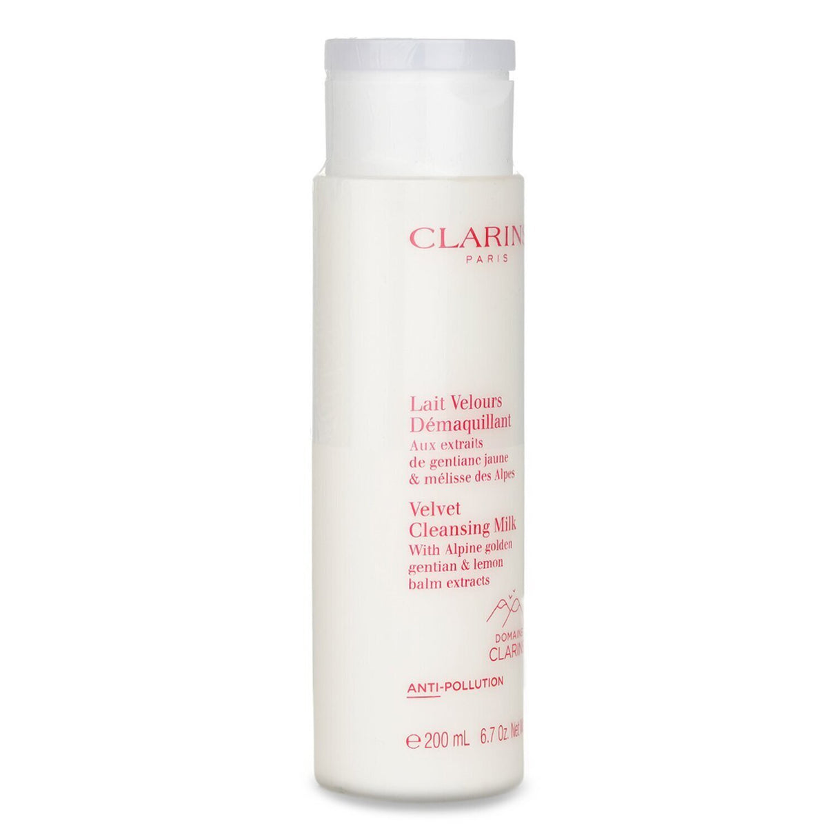 Velvet Cleansing Milk by Clarins, 200ml, with Alpine Golden Gentian and Lemon Balm extracts for gentle, effective cleansing.