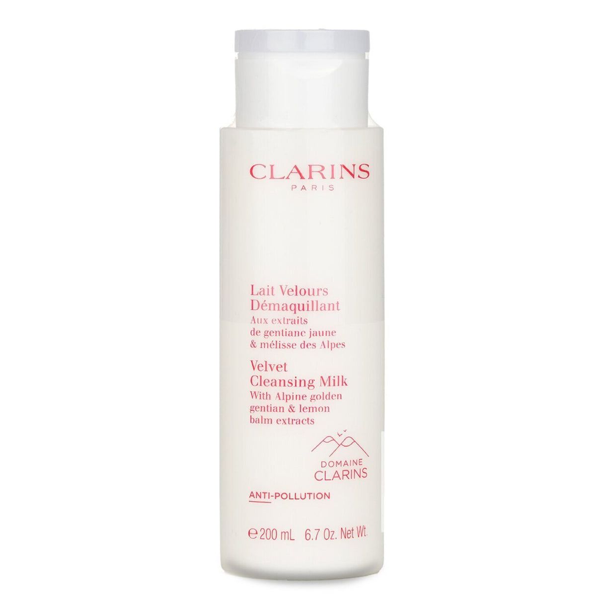 Luxurious Clarins Velvet Cleansing Milk, creamy formula with Alpine Gentian & Lemon Balm, gently cleanses and hydrates skin.