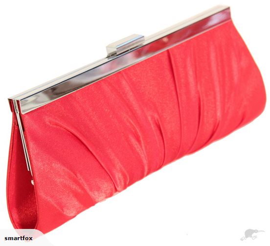 Elegant red evening clutch with pleats and silver trim, includes removable shoulder chain for versatile styling.