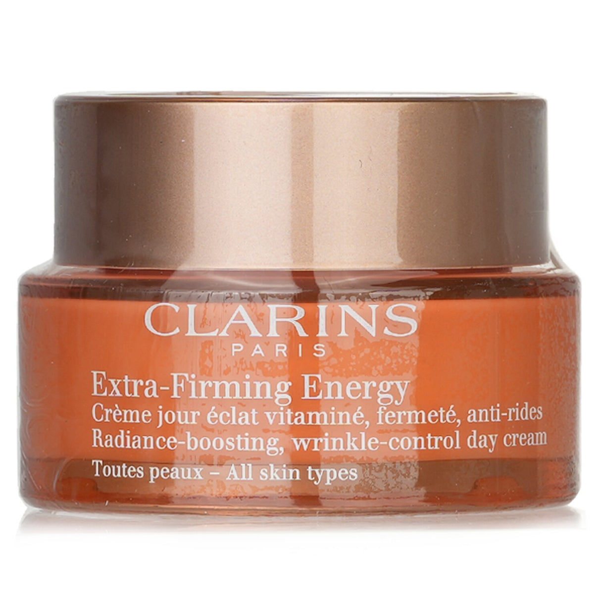 Clarins Extra-Firming Energy Day Cream in a 50ml jar, enhancing skin radiance and reducing wrinkles for a vibrant complexion.