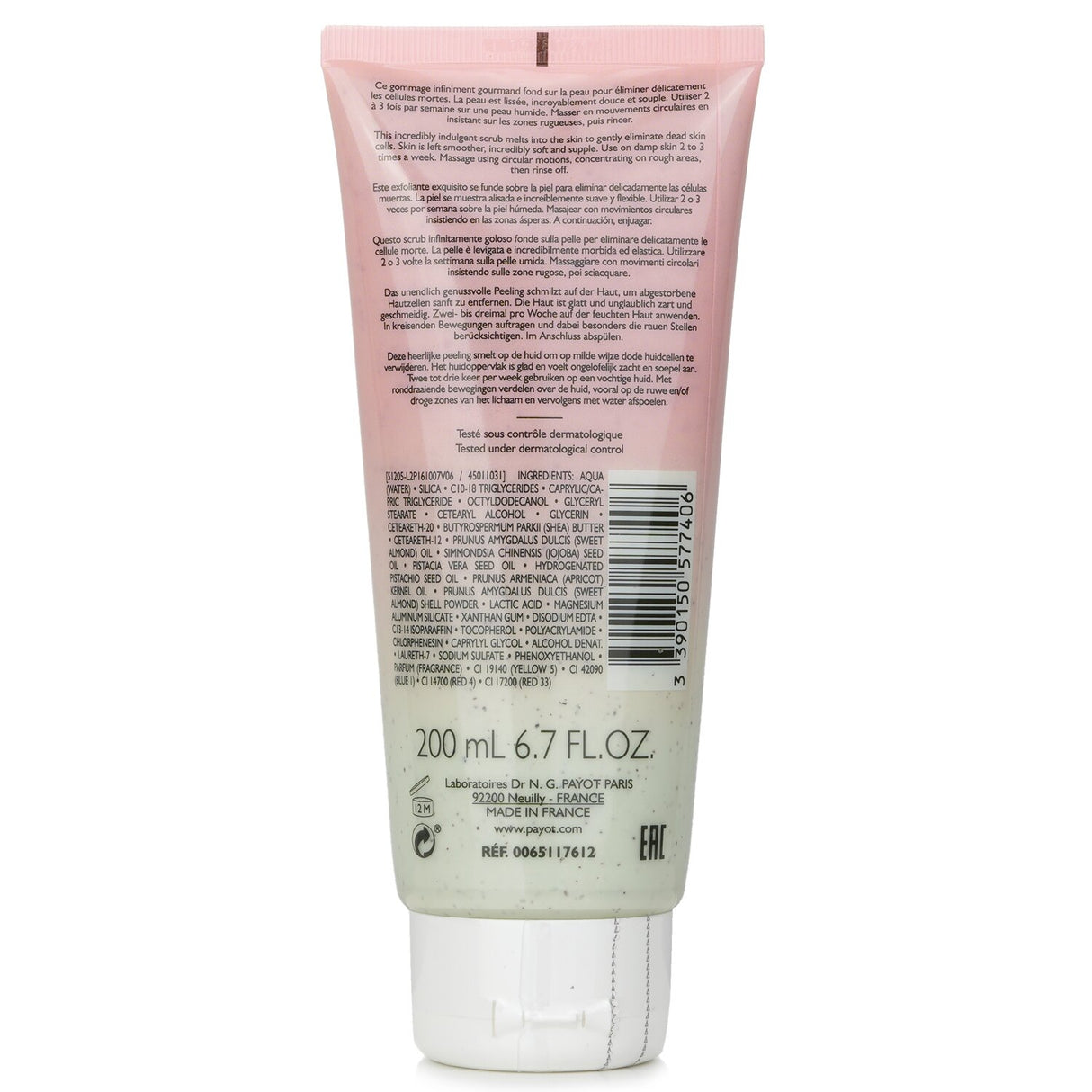 Payot Rituel Corps Exfoliating Melt-In Cream in a 200ml jar, infused with almond shells and nourishing oils for radiant skin.