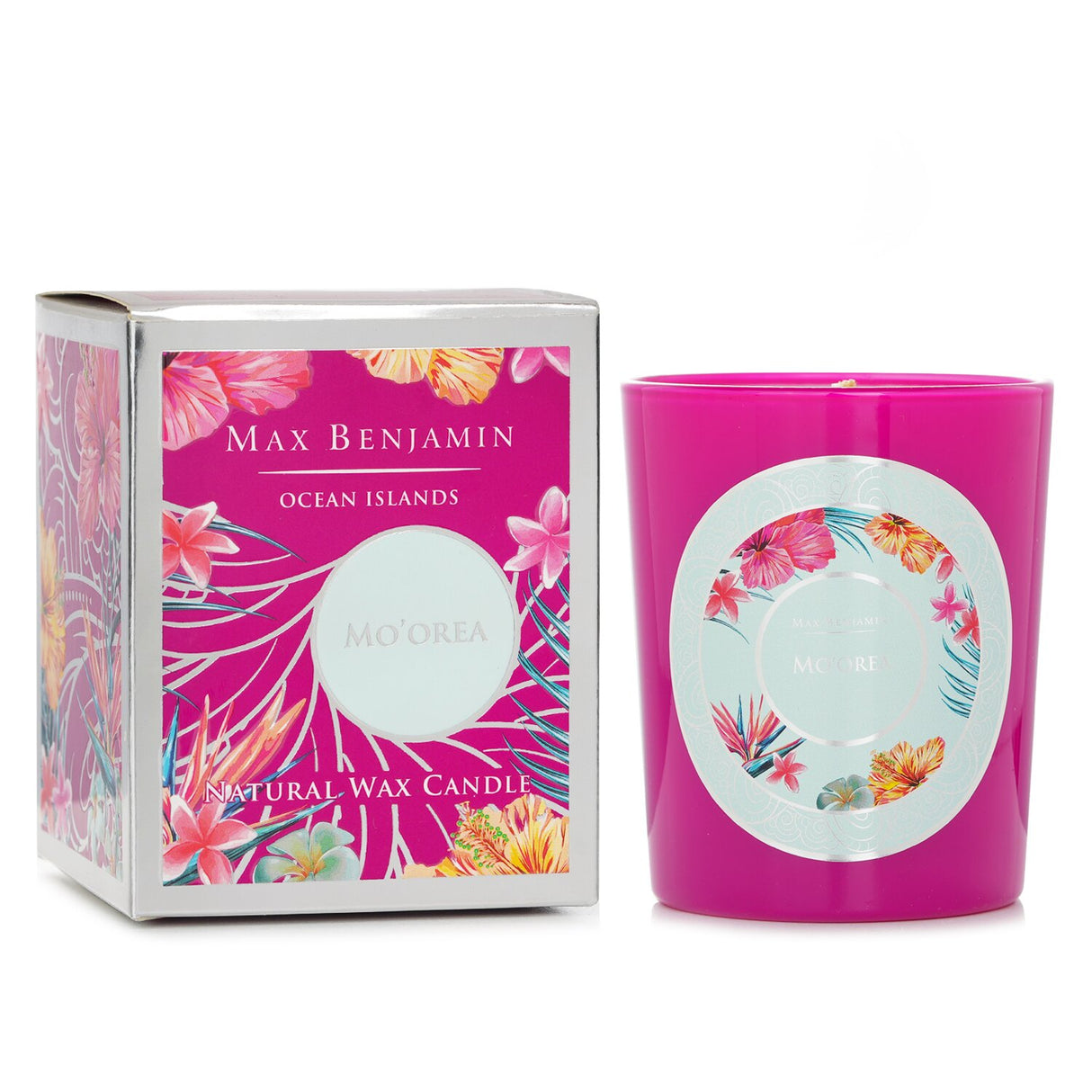"Max Benjamin Ocean Islands Candle in Mo'orea, featuring natural wax, cotton wicks, and tropical fresh fruit scents."