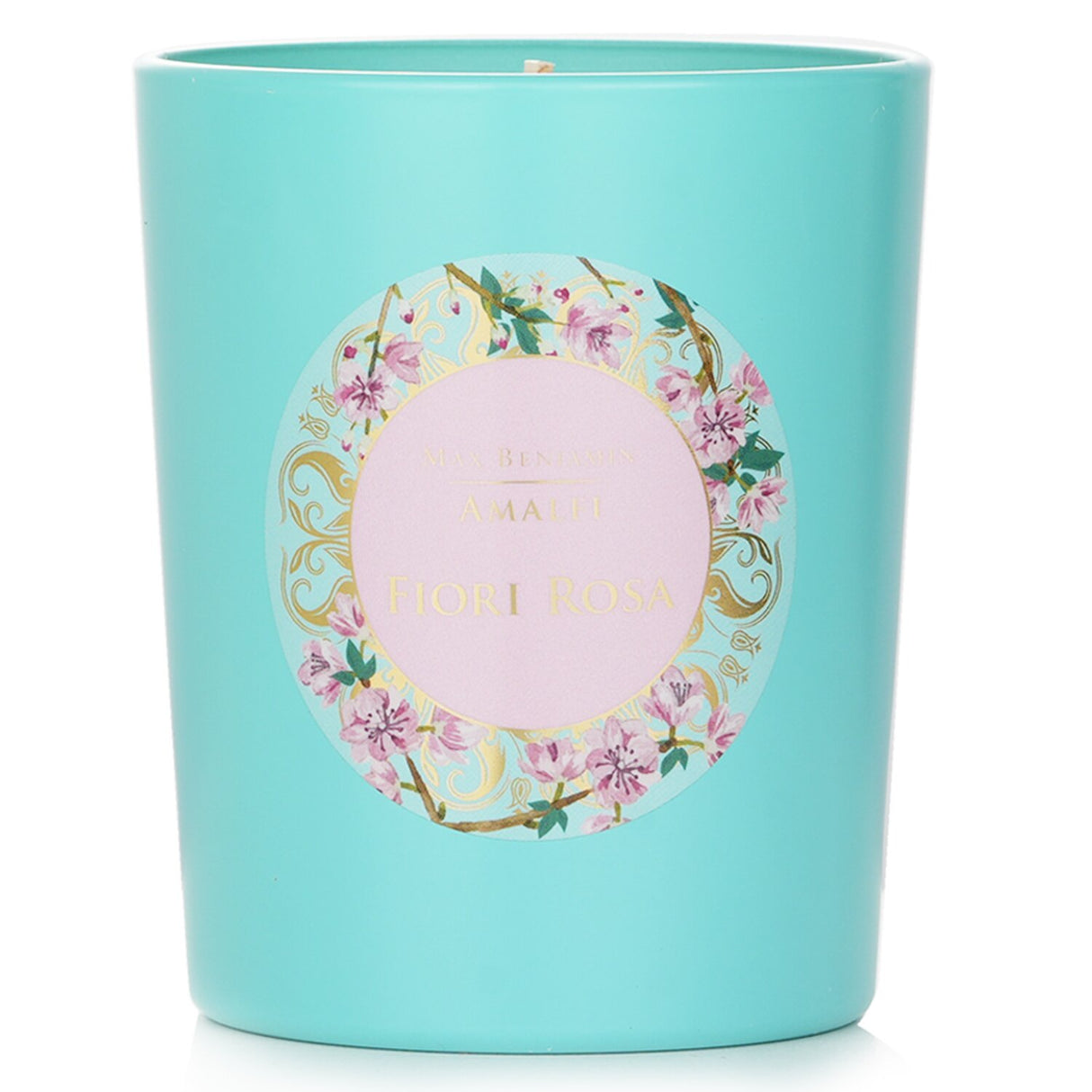 Max Benjamin Amalfi Candle in Fiori Rosa, 190g, offers a floral fragrance and up to 40 hours of eco-friendly burn time.