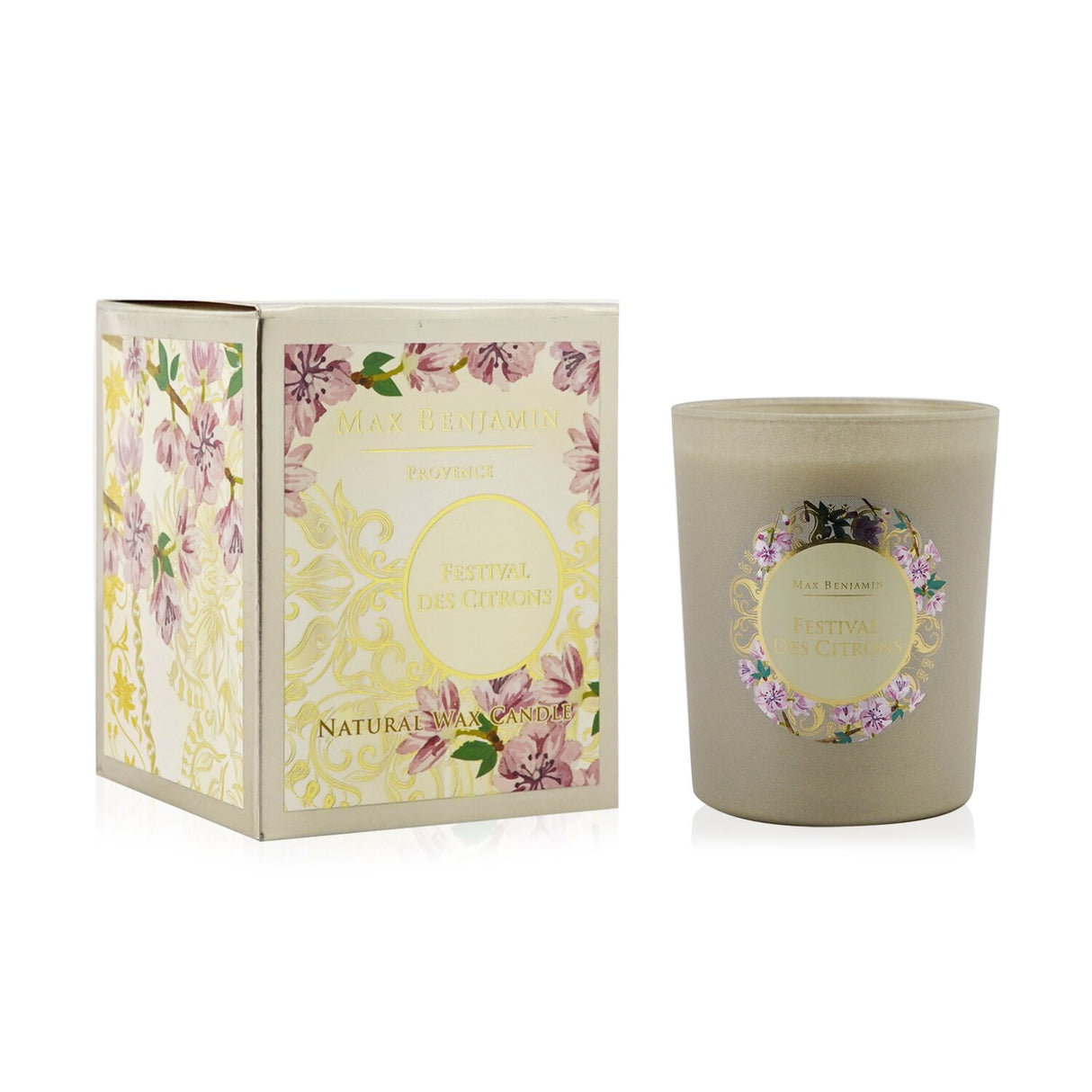 "Max Benjamin Festival Des Citrons candle in stone-inspired glass, featuring natural wax and uplifting citrus scent."