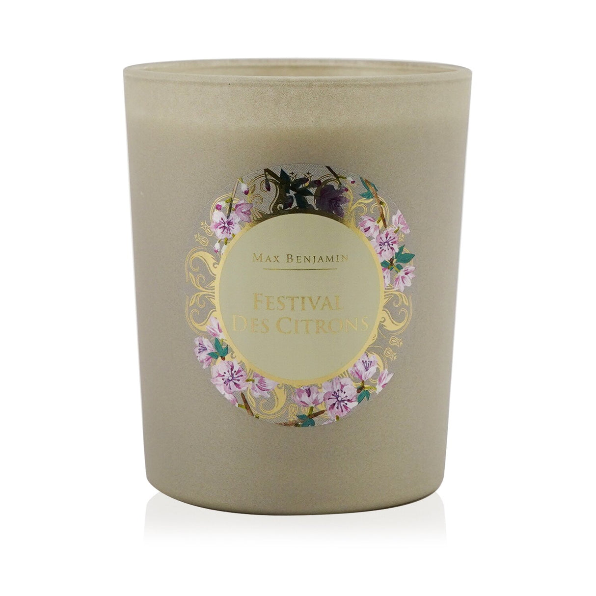 Max Benjamin Provence Candle in a stone-inspired holder, uplifting citrus scent, 100% natural wax, 40-hour burn time.