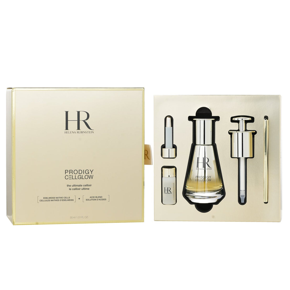 Helena Rubinstein Prodigy Cellglow serum kit with Edelweiss cells, promoting rejuvenation and a luminous, youthful glow.
