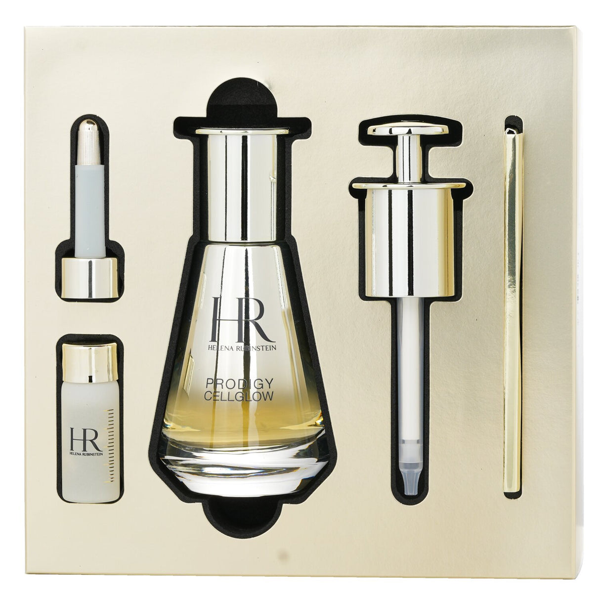 Helena Rubinstein's Prodigy Cellglow, a rejuvenating serum for glowing skin, featuring 600,000 Edelweiss cells and precise dosage syringe.