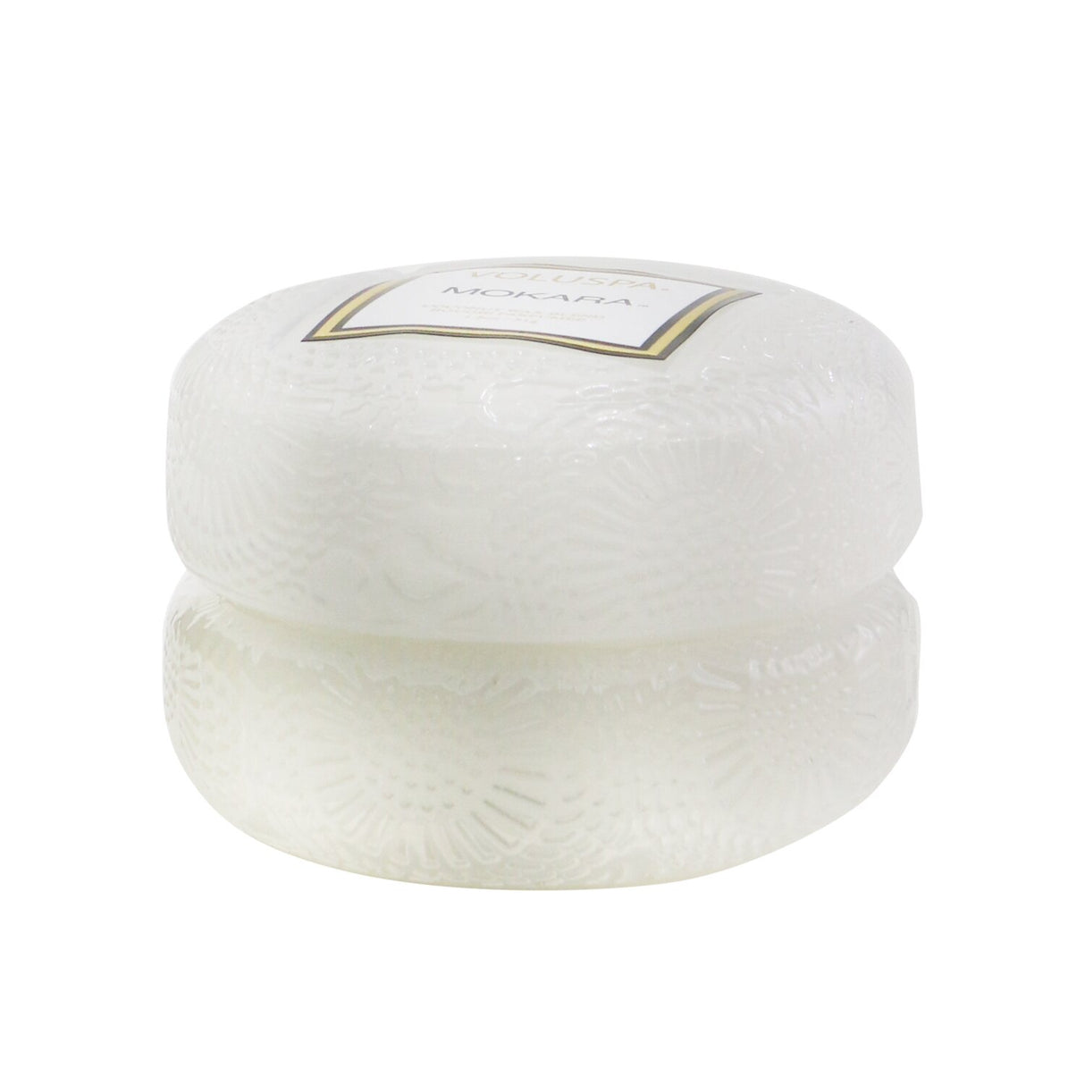 Elegant Voluspa Macaron Candle in Mokara scent, featuring a geometric glass design and 15-hour burn time, perfect for home decor.