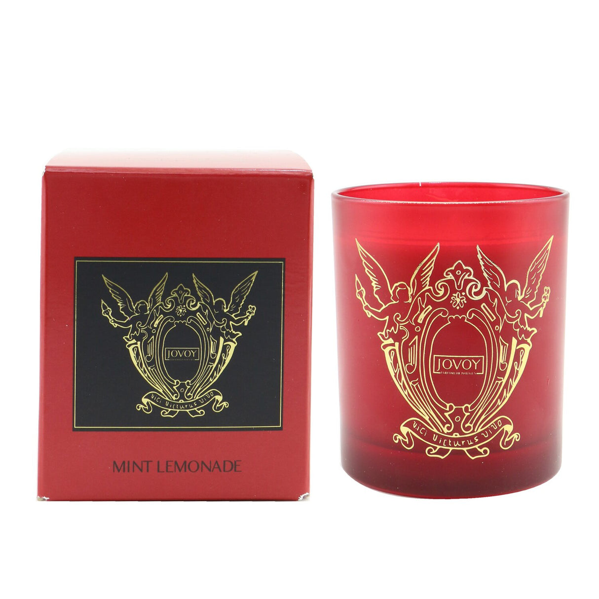 Jovoy Mint Lemonade Candle in a chic red box, offering a refreshing mint and lemon scent for cozy ambiance and tranquility.