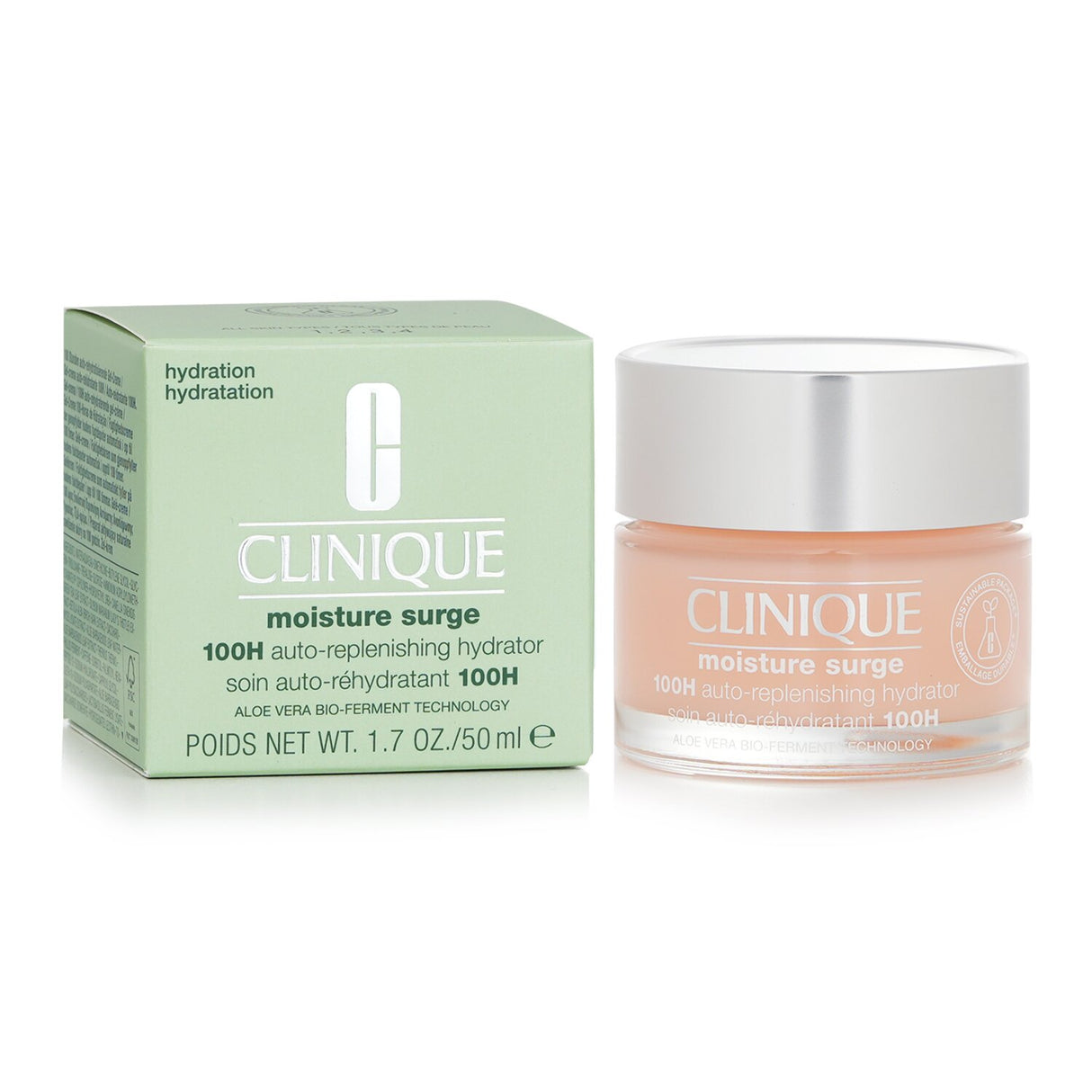 Clinique Moisture Surge 100H hydrator in a 50ml jar, offering deep hydration for 100 hours with aloe bio-ferment and Hyaluronic Acid.