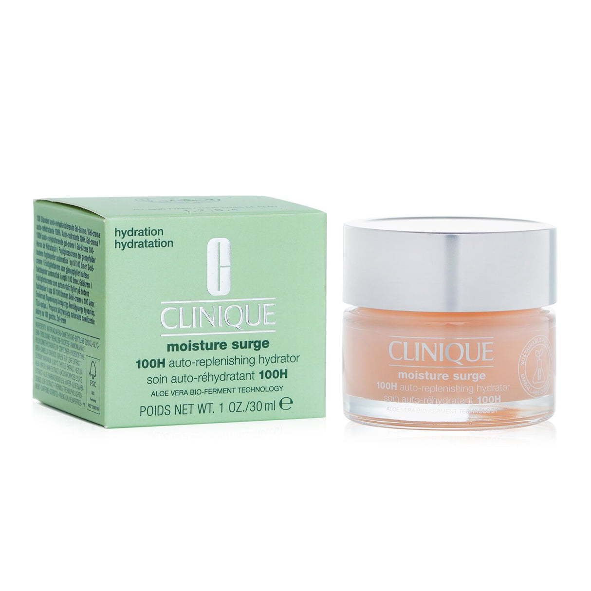 Clinique Moisture Surge 100H Hydrator 30ml, a luxurious moisturizer for deep hydration with aloe bio-ferment and hyaluronic acid.