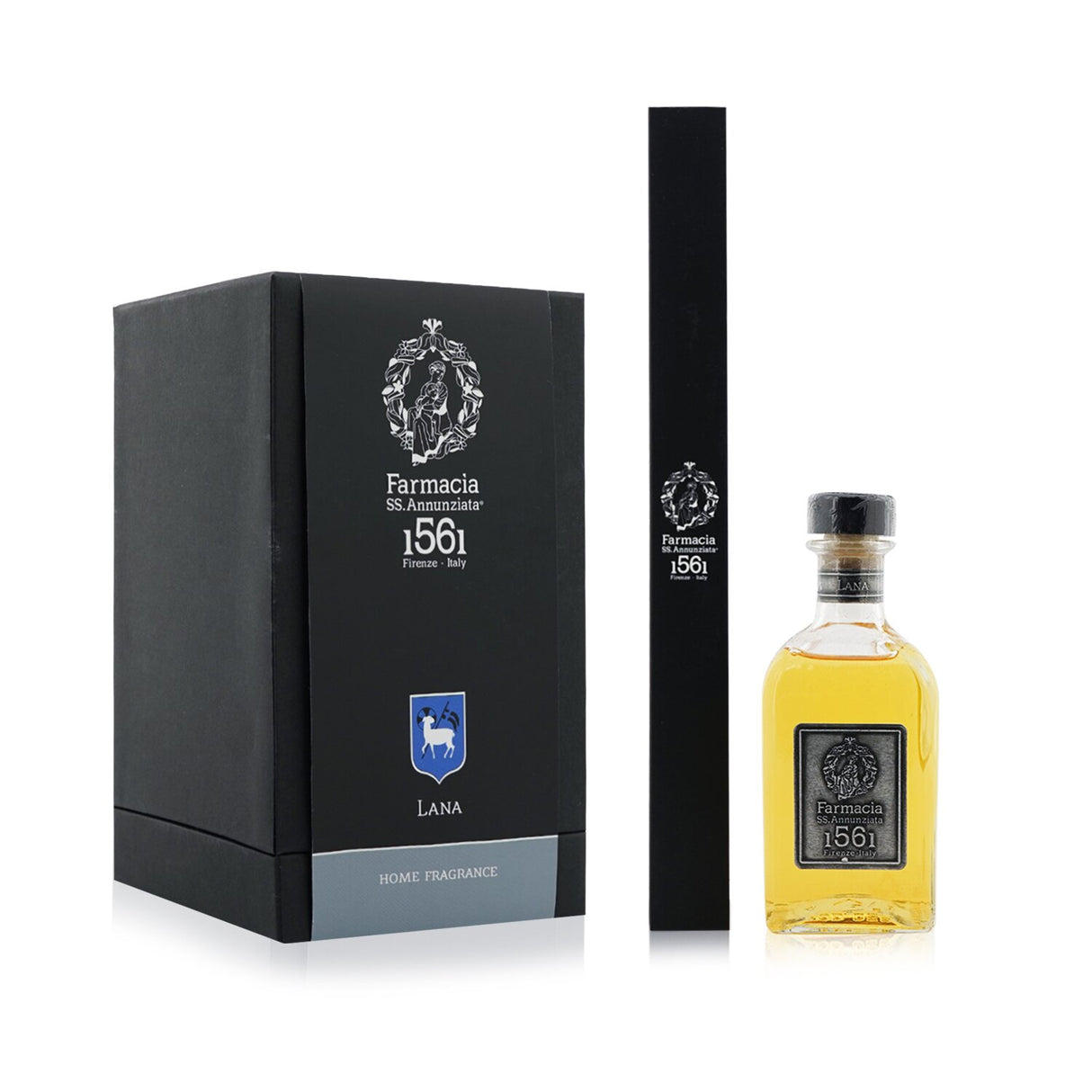 Elegant Farmacia Santissima Annunziata Diffuser - Lana with black reeds for a fresh, sensual aroma in a stylish glass bottle.