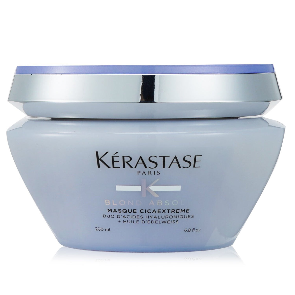 Kerastase Blond Absolu Masque Cicaextreme in a sleek 200ml jar, designed to strengthen and hydrate bleached blonde hair.