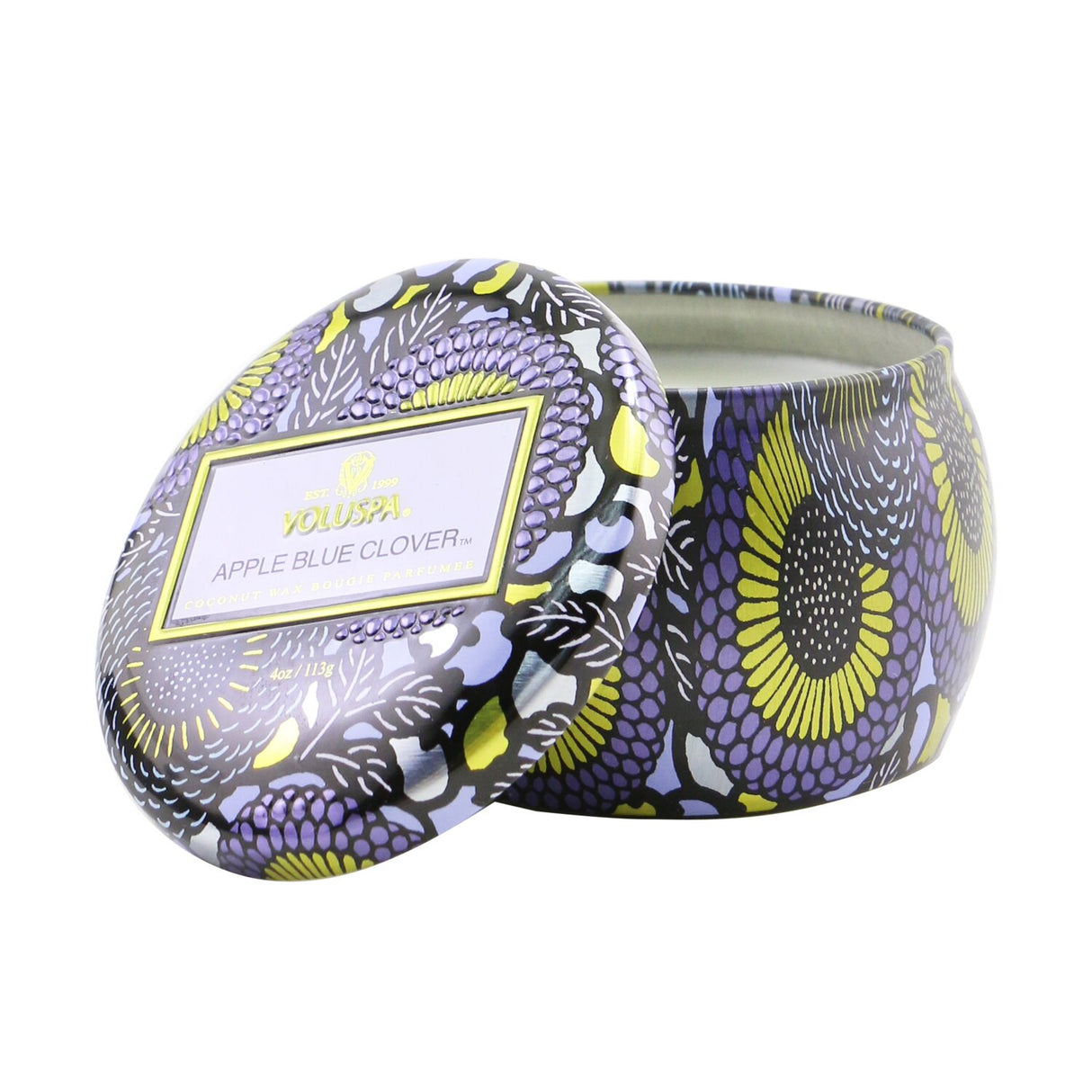 Mini tin candle in Apple Blue Clover scent with a luxurious design, featuring a coconut wax blend and a 25-hour burn time.