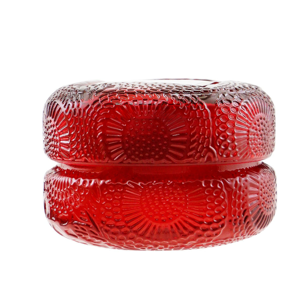 Elegant Voluspa Macaron Candle in Goji Tarocco Orange, featuring a geometric glass container and natural coconut wax blend.