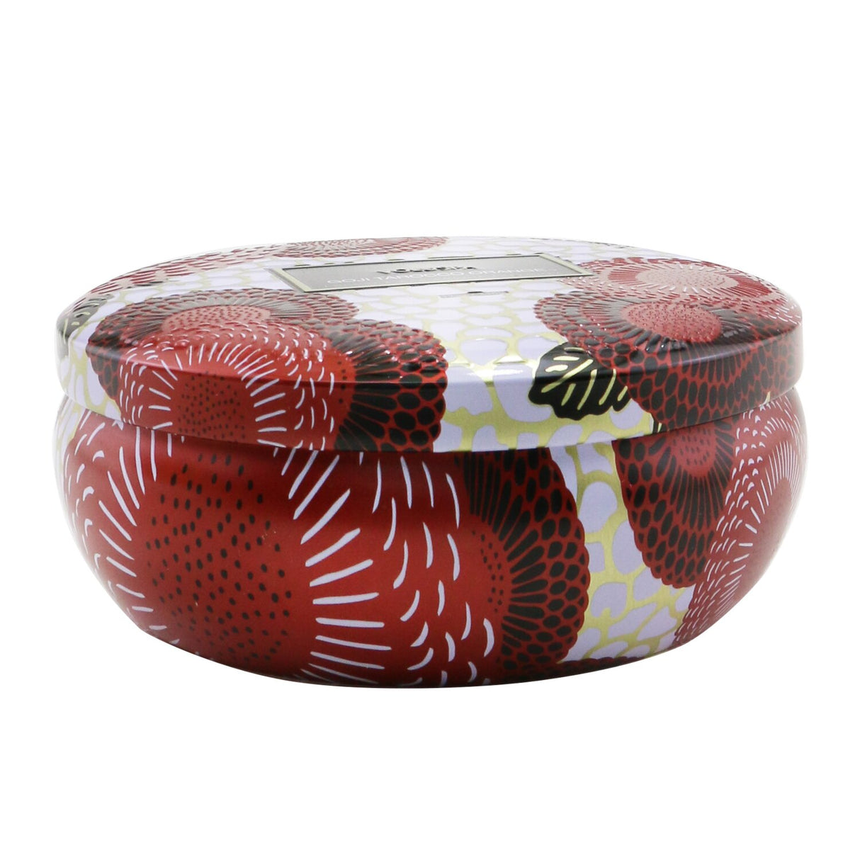 Voluspa 3 Wick Decorative Tin Candle in Spiced Goji Tarocco Orange, coconut wax, 40-hour burn, beautifully designed metallic tin.