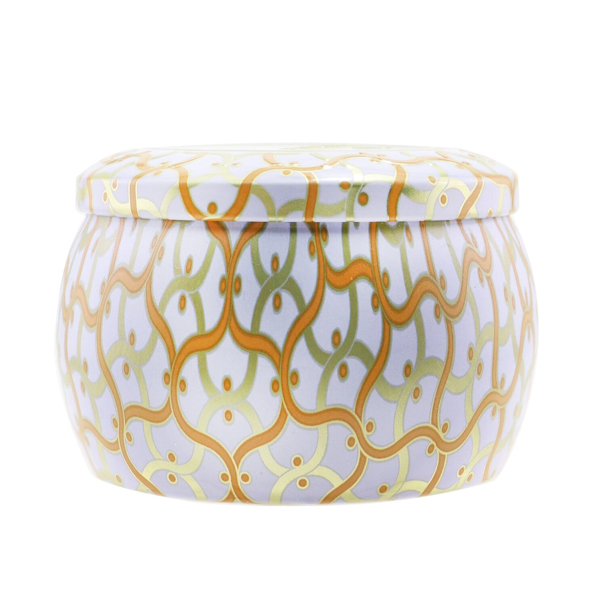 Mini tin candle in Italian Bellini scent, showcasing a vibrant peach and prosecco blend, with a decorative metal tin and lid.