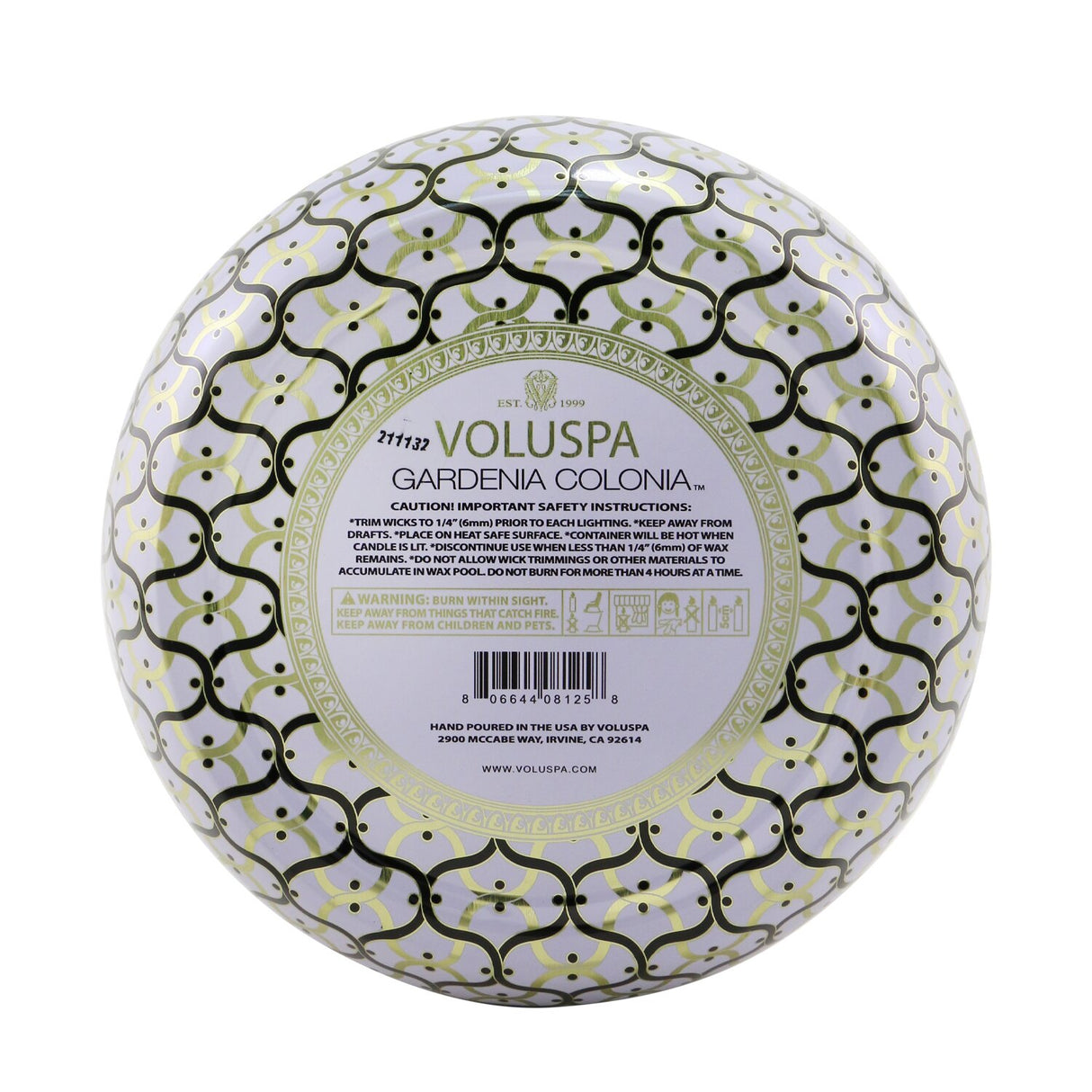 Voluspa 3 Wick Decorative Tin Candle in Gardenia Colonia, featuring a floral scent, coconut wax, and a luxurious jewel-toned design.