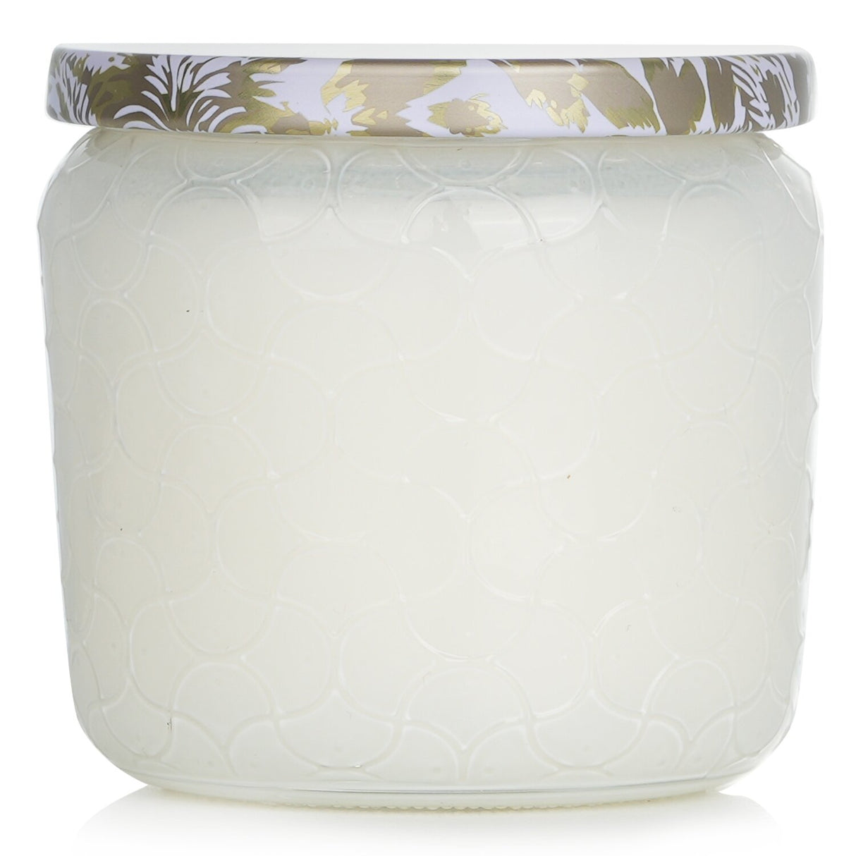 Voluspa Petite Jar Candle in Suede Blanc, 127g, featuring a luxurious scent, clean burn, and elegant embossed glass container.