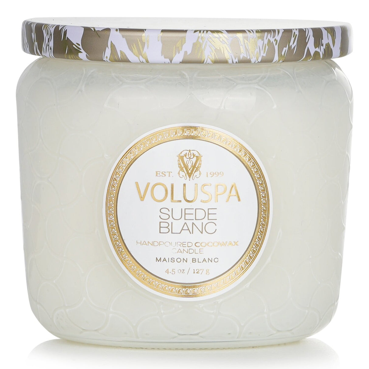 Luxurious Voluspa Petite Jar Candle in Suede Blanc, 127g, with a coconut wax blend for a clean burn and enchanting fragrance.
