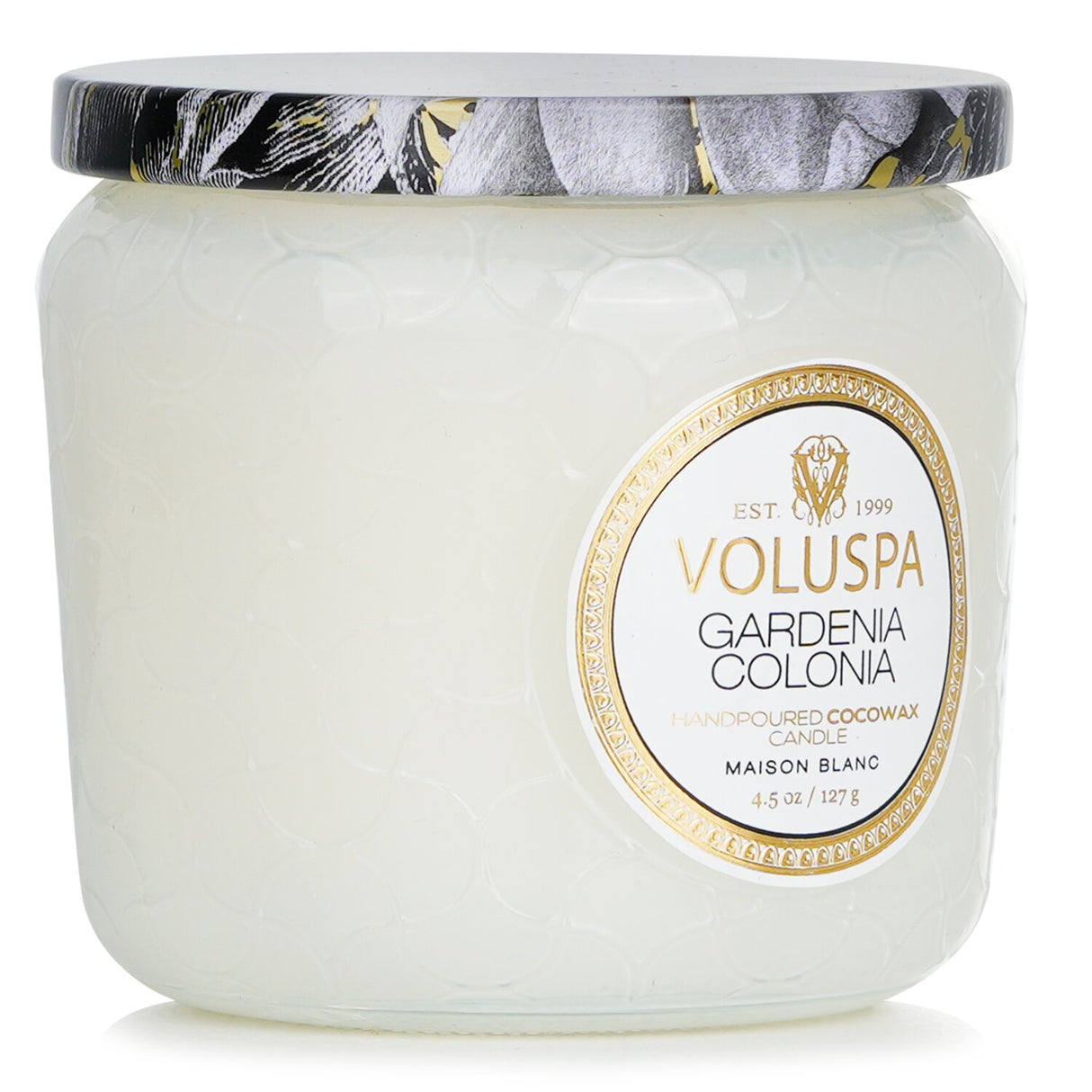 Voluspa's Gardenia Colonia petite jar candle in elegant glass, offering a 35-hour burn of enchanting floral fragrance.