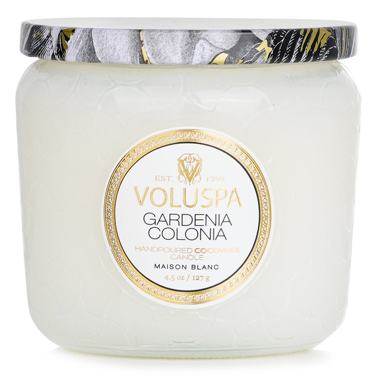 Miniature Voluspa Gardenia Colonia candle in a stylish glass jar, featuring natural wax for a clean 35-hour burn.