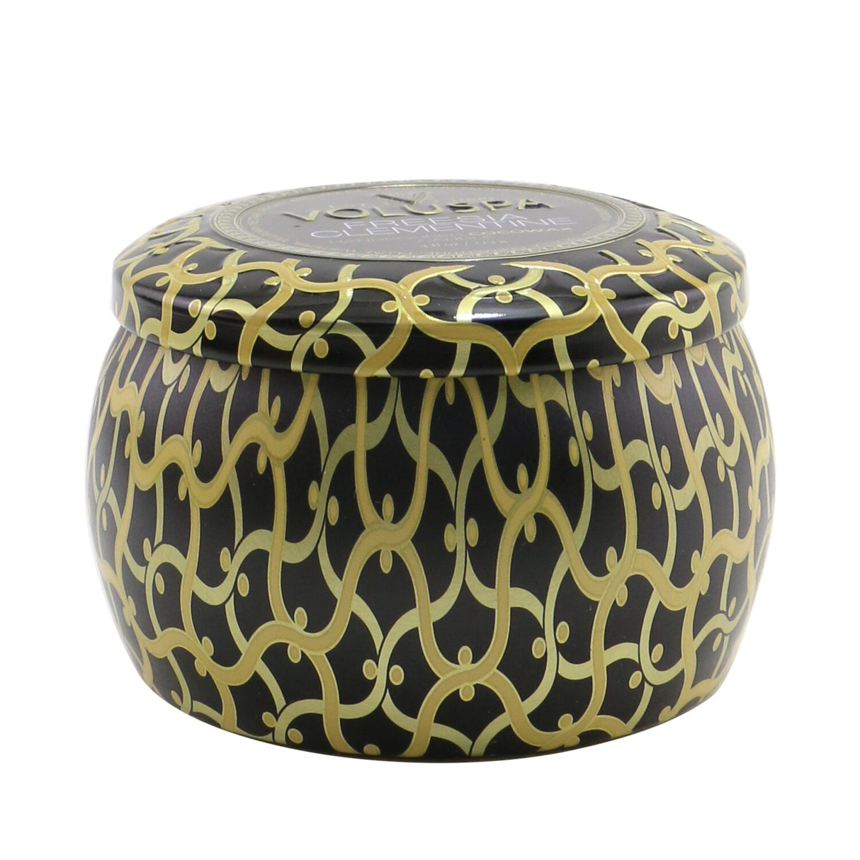 Elegant Voluspa mini tin candle in Freesia Clementine with a floral-citrus scent, features clean-burning coconut wax and a decorative tin.