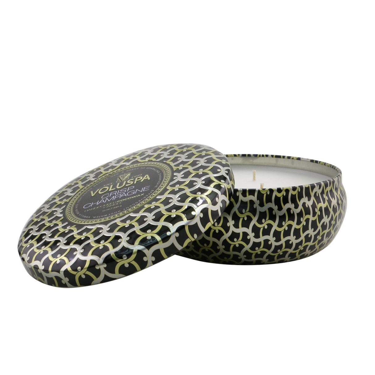 Luxurious 3-wick tin candle with Crisp Champagne fragrance, crafted with coconut wax blend for a cozy ambiance and 40-hour burn time.