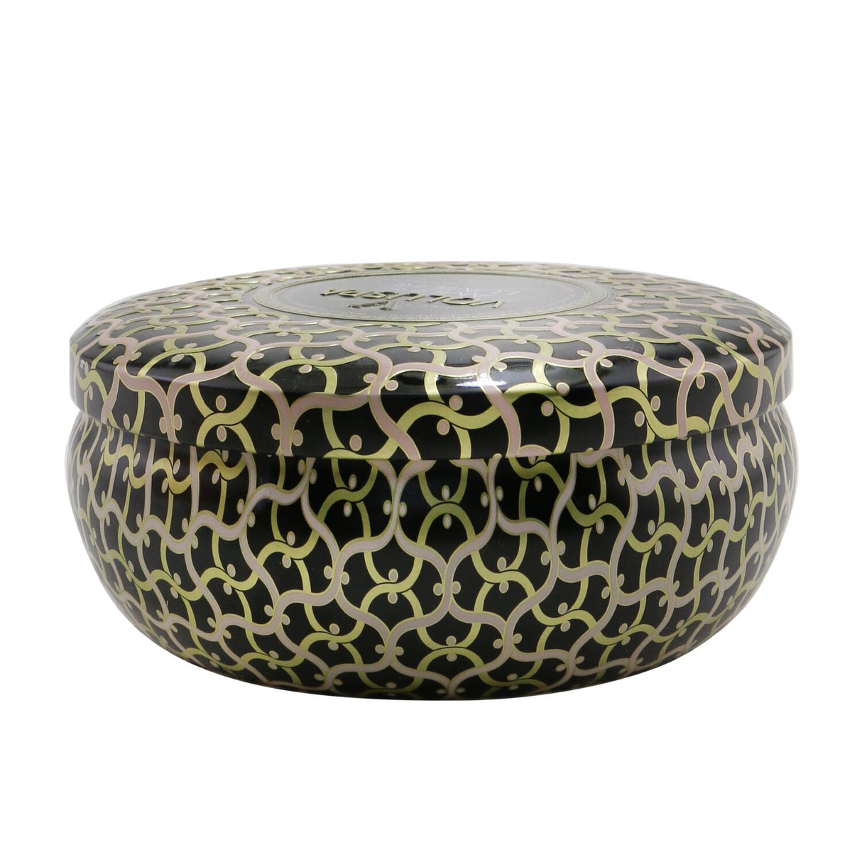 Voluspa 3 Wick Decorative Tin Candle in Ambre Lumiere, features luxurious scent, coconut wax, and jewel-toned metallic design.