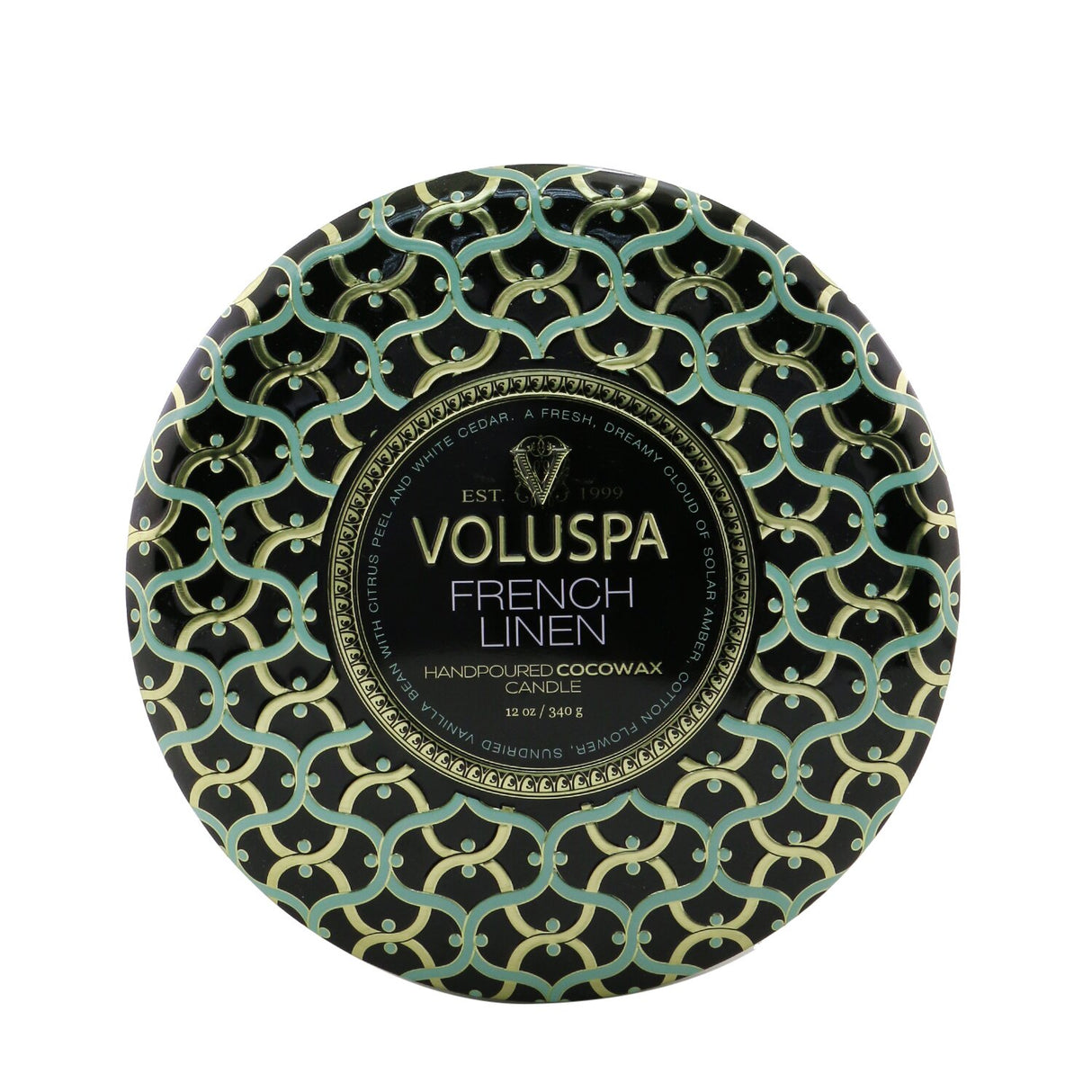 Luxurious Voluspa 3 wick candle in decorative metallic tin, French Linen scent; eco-friendly, 40-hour burn time.