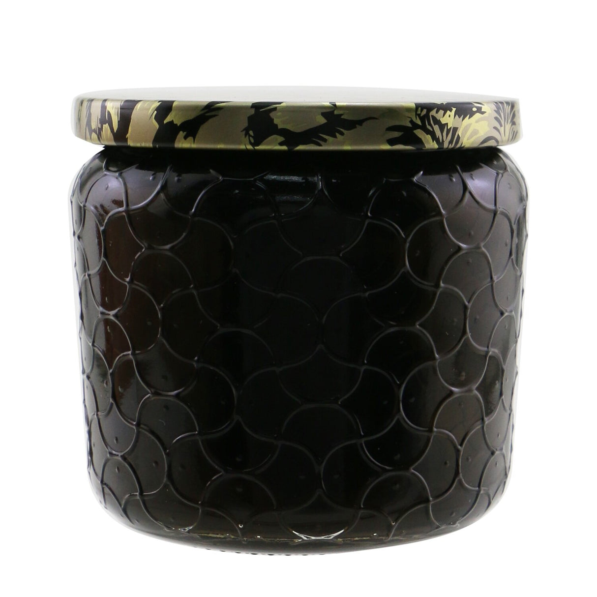 Voluspa Petite Jar Candle in Suede Noir, 127g eco-friendly candle with captivating fragrance and decorative glass container.