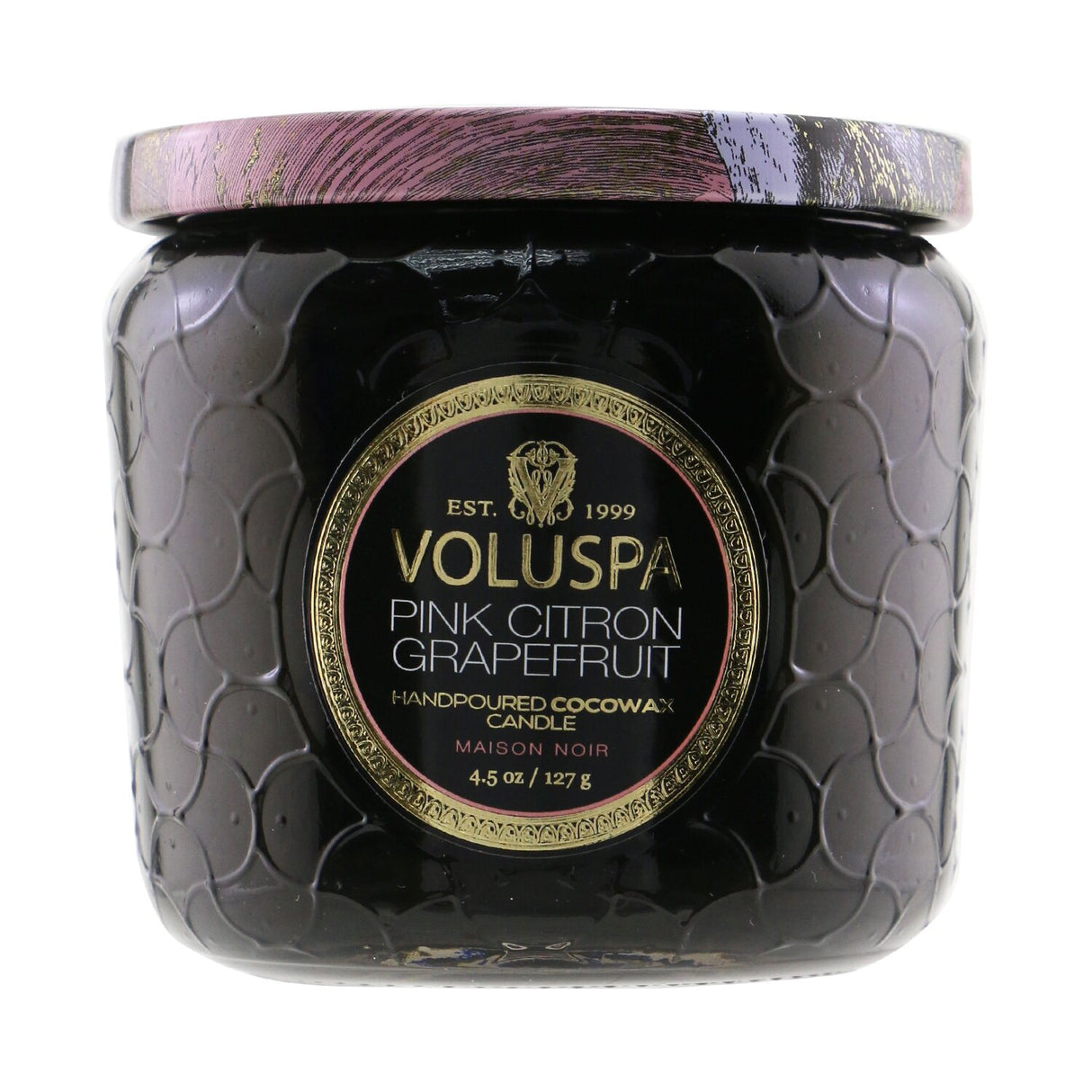 Mini jar candle in Pink Citron Grapefruit scent, features a coconut wax blend and elegant glass container with lid.