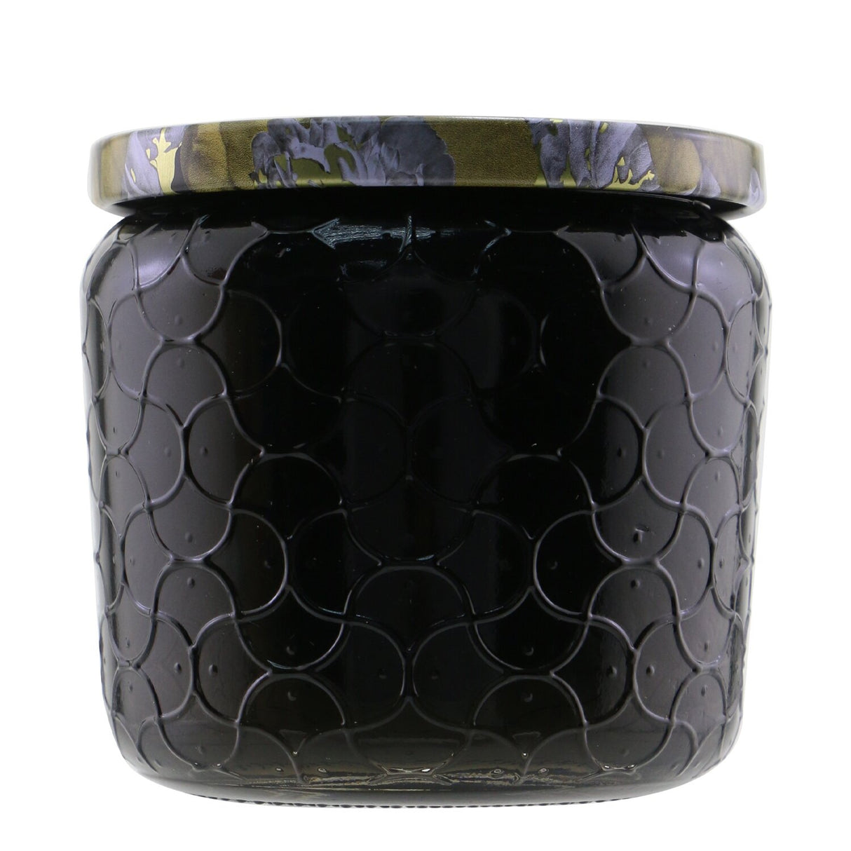Voluspa Freesia Clementine Petite Jar Candle in an embossed glass container, offering 35 hours of enchanting floral and citrus aroma.