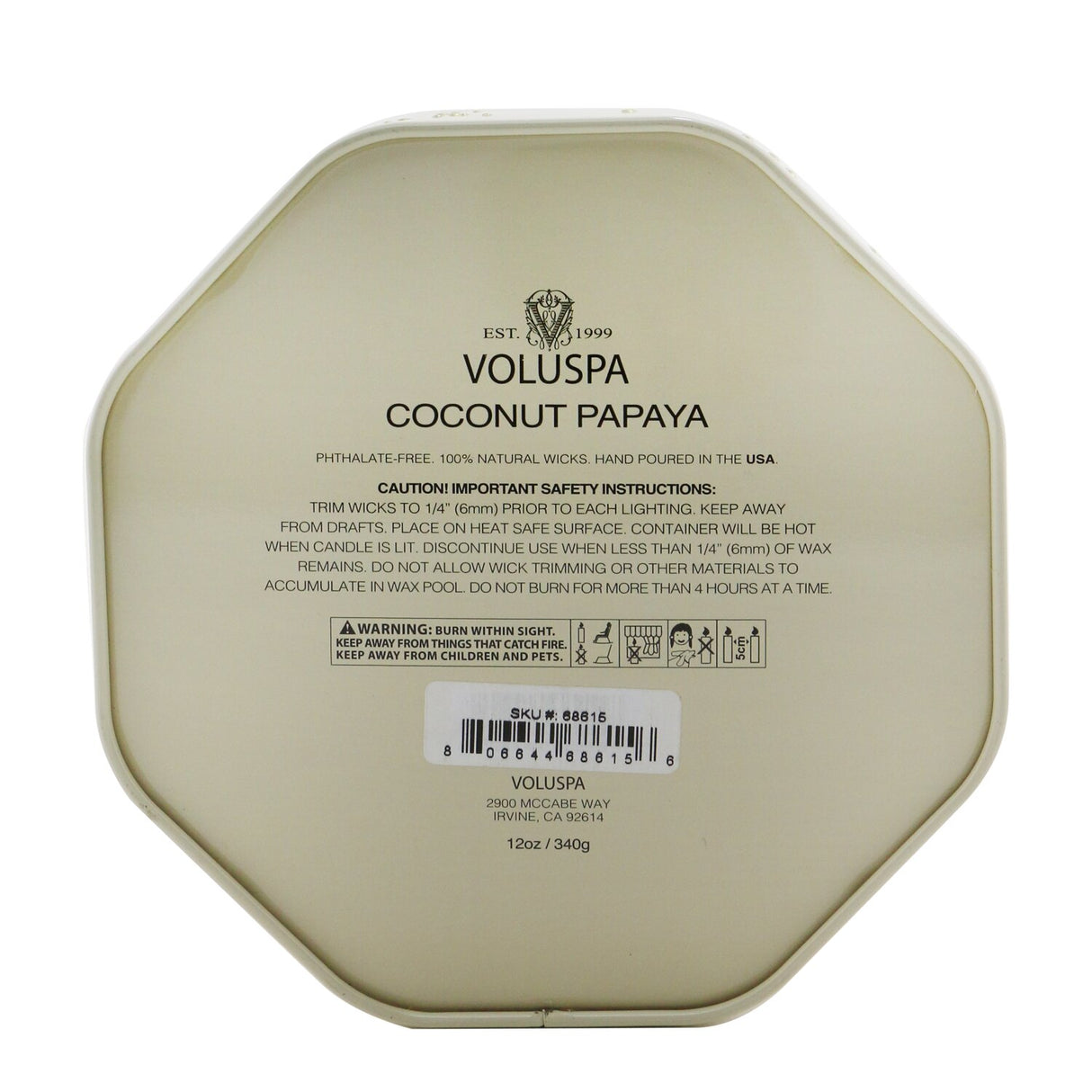 Elegant Voluspa 3 Wick Octagon Tin Candle in Coconut Papaya, featuring a luxurious scent and 40-hour burn time, ideal for ambiance.