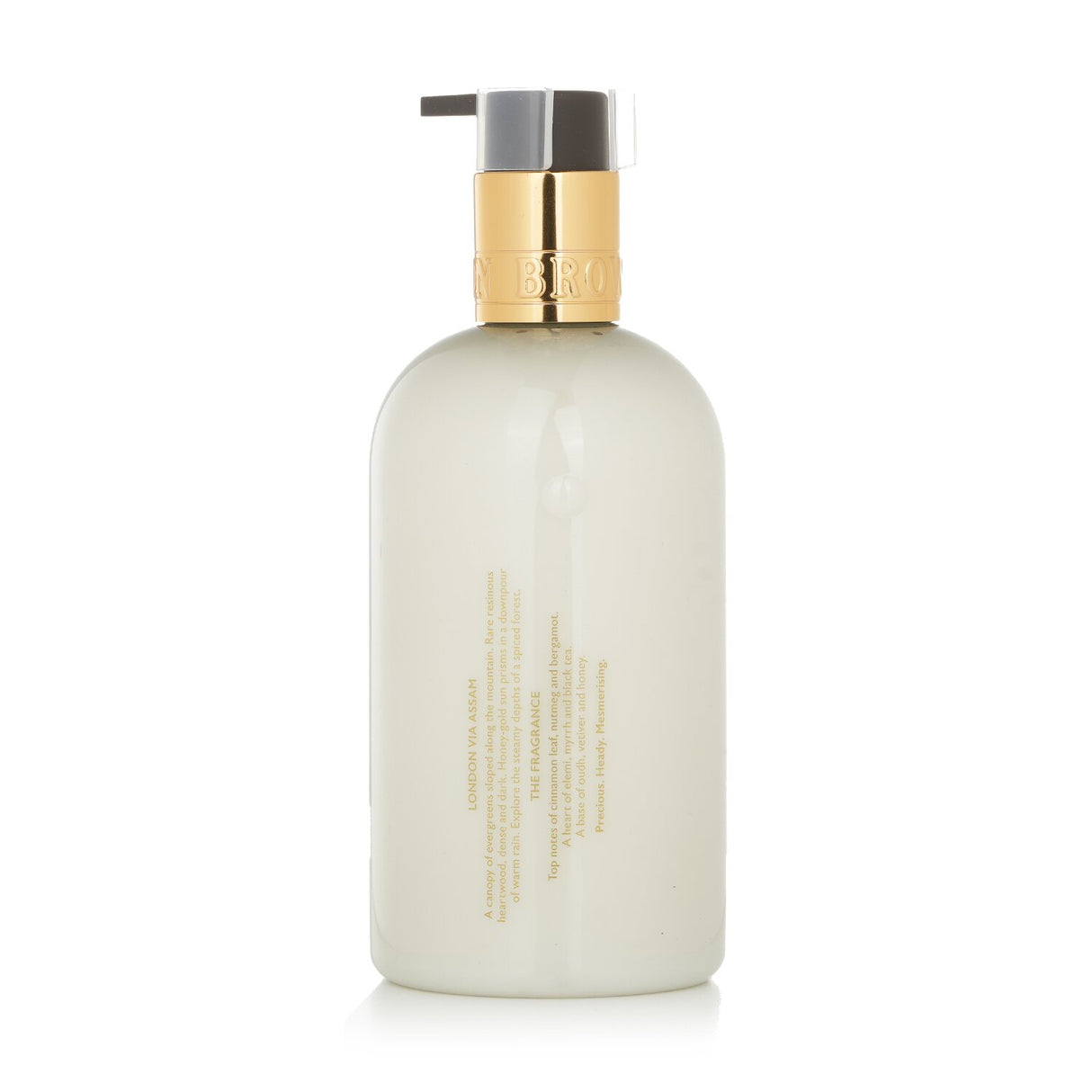 Molton Brown hand lotion with oudh, shea butter, and vegan honey for hydration and a decadent fragrance, 300ml.