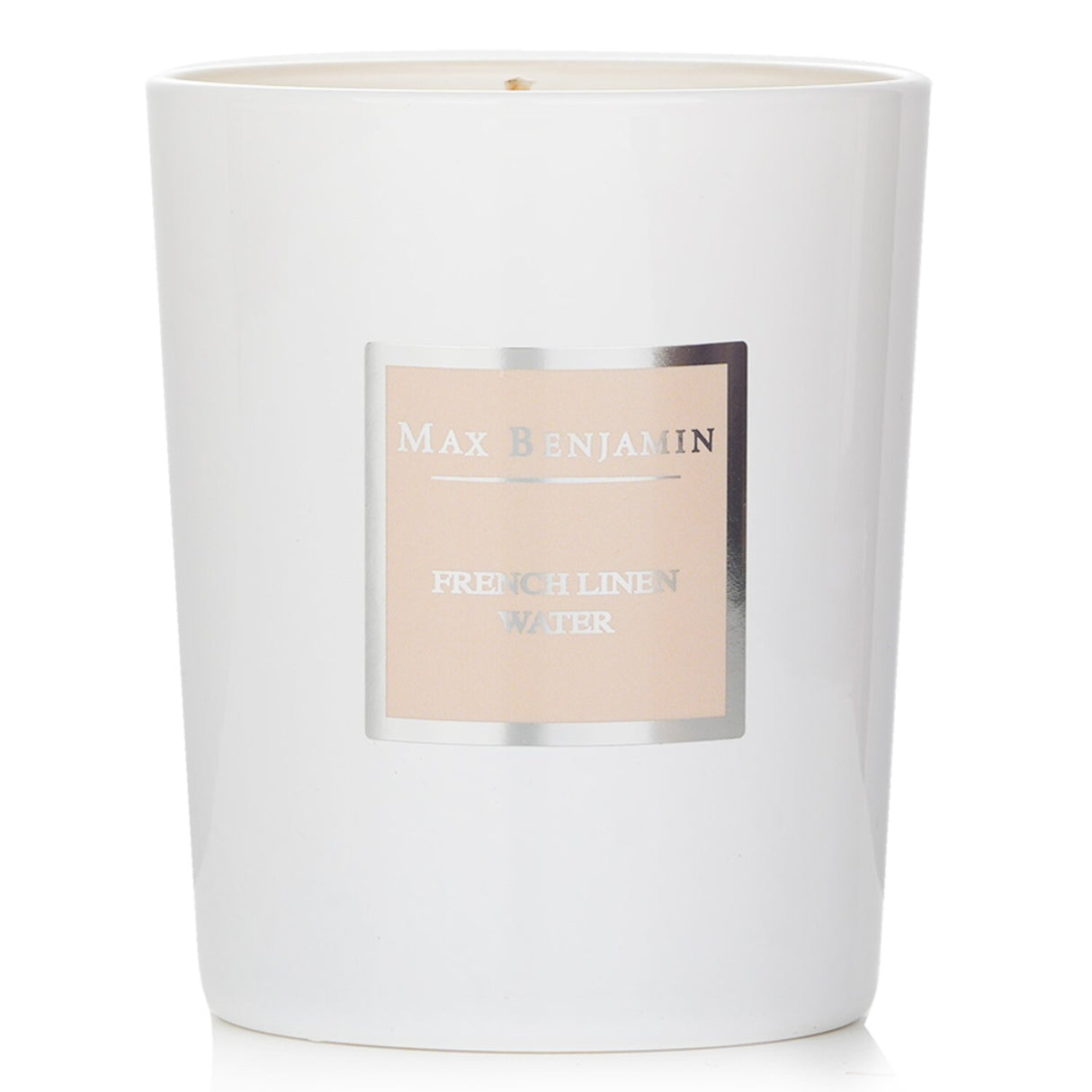 Max Benjamin French Linen Water candle in sleek glass, made from natural soy wax, offers a refreshing, elegant aroma for 40 hours.
