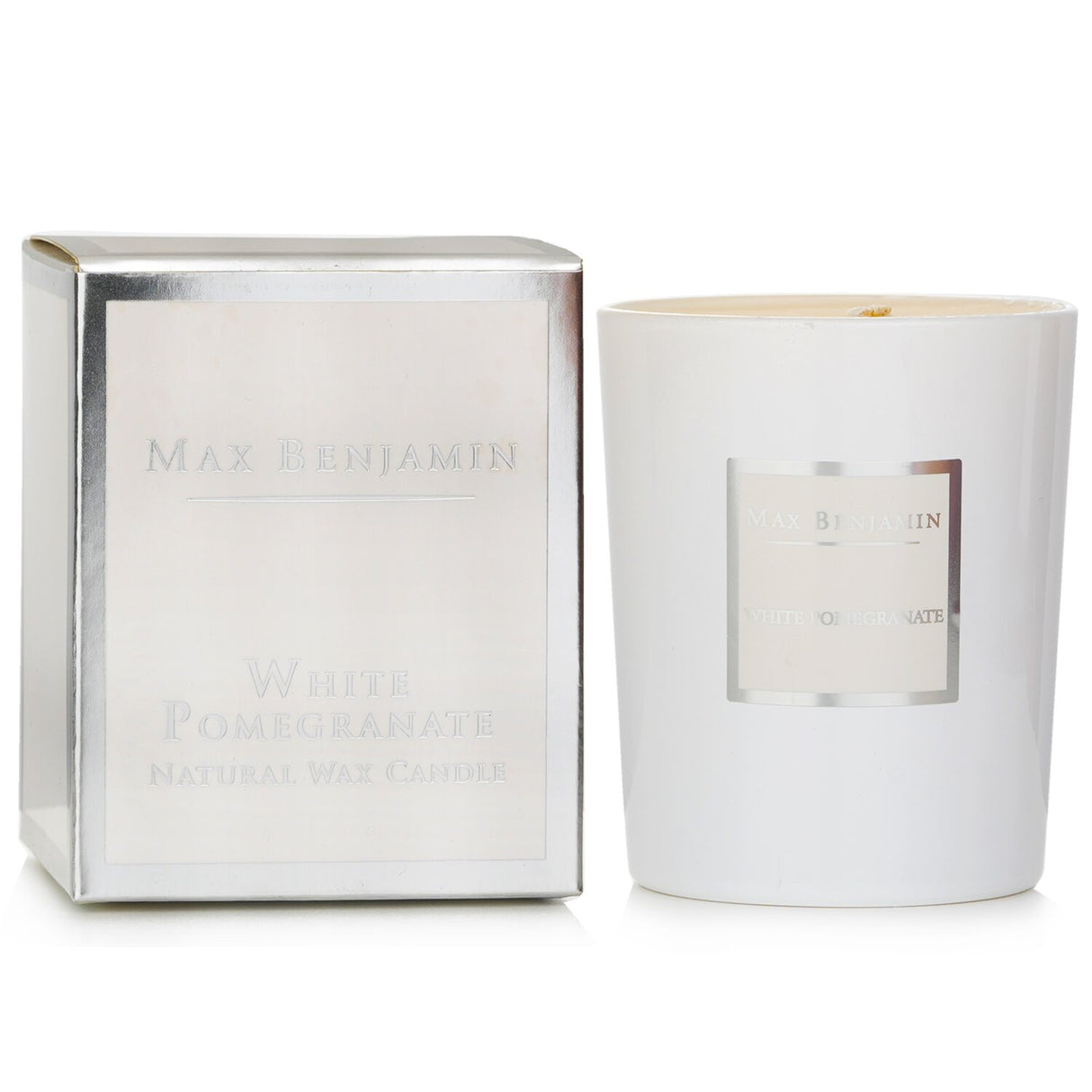 Luxurious Max Benjamin White Pomegranate Candle in a stylish glass, crafted from natural soy wax for a clean, fruity aroma.