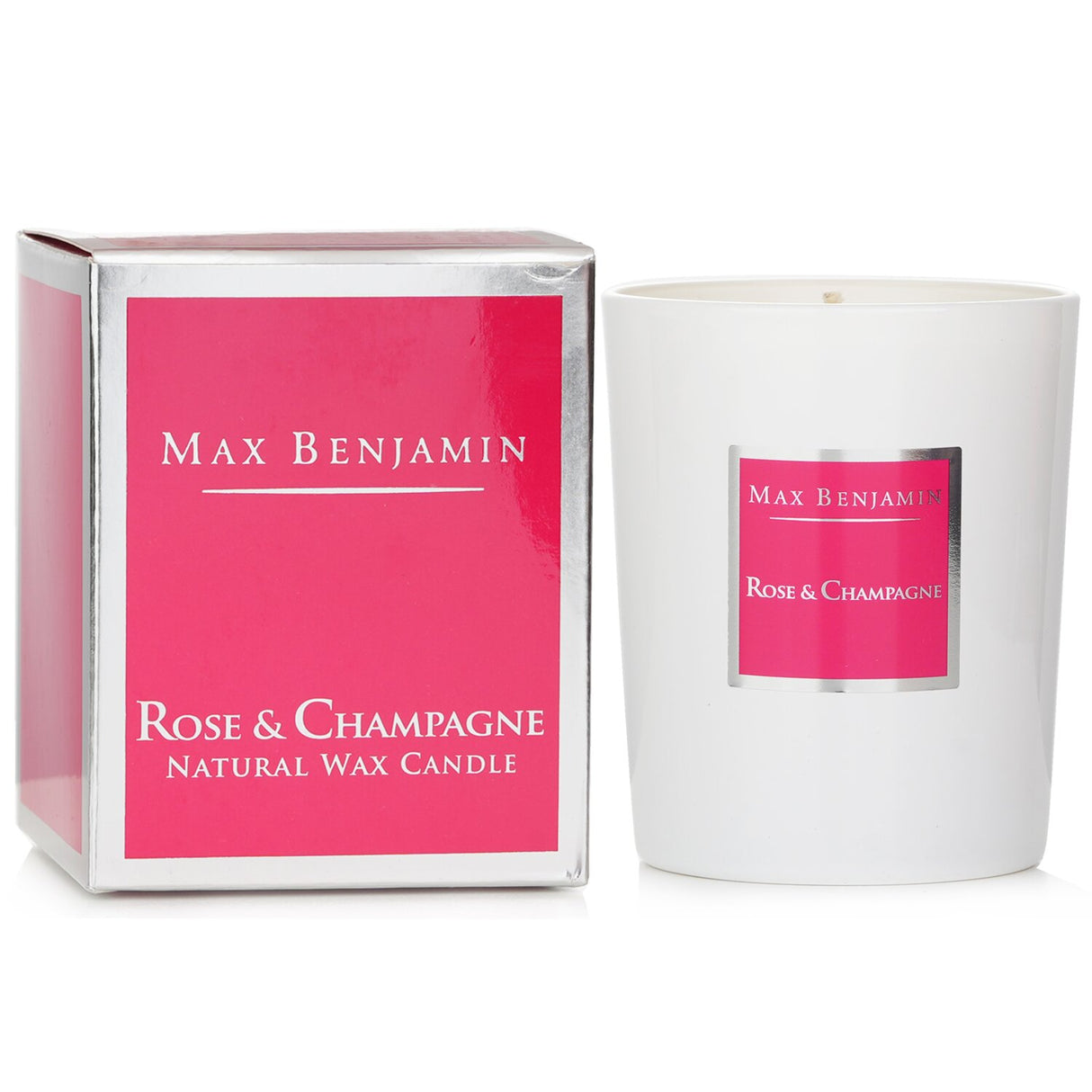 Max Benjamin Rose & Champagne Candle: 190g soy wax candle with floral and fruity scents, elegantly packaged for a luxurious ambiance.