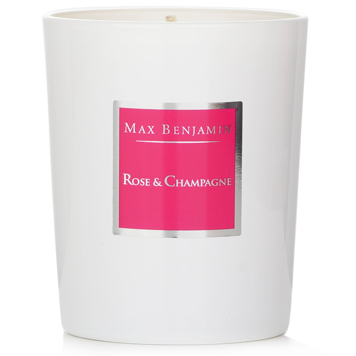 Max Benjamin Rose & Champagne Candle in a glass holder, made from natural soy wax for a luxurious fruity aroma.