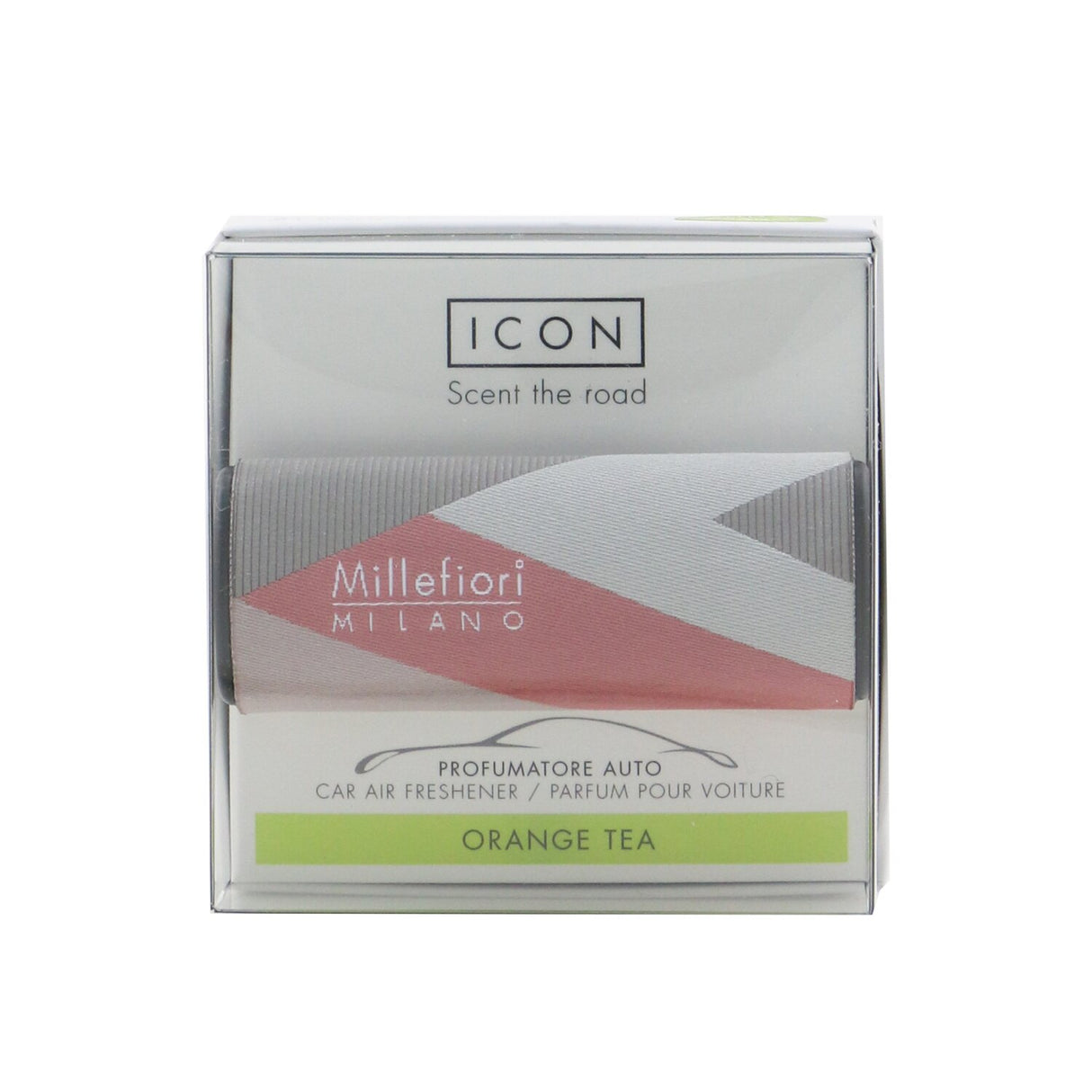 Stylish geometric car air freshener in Orange Tea scent, designed for refreshing fragrance and sleek aesthetic.