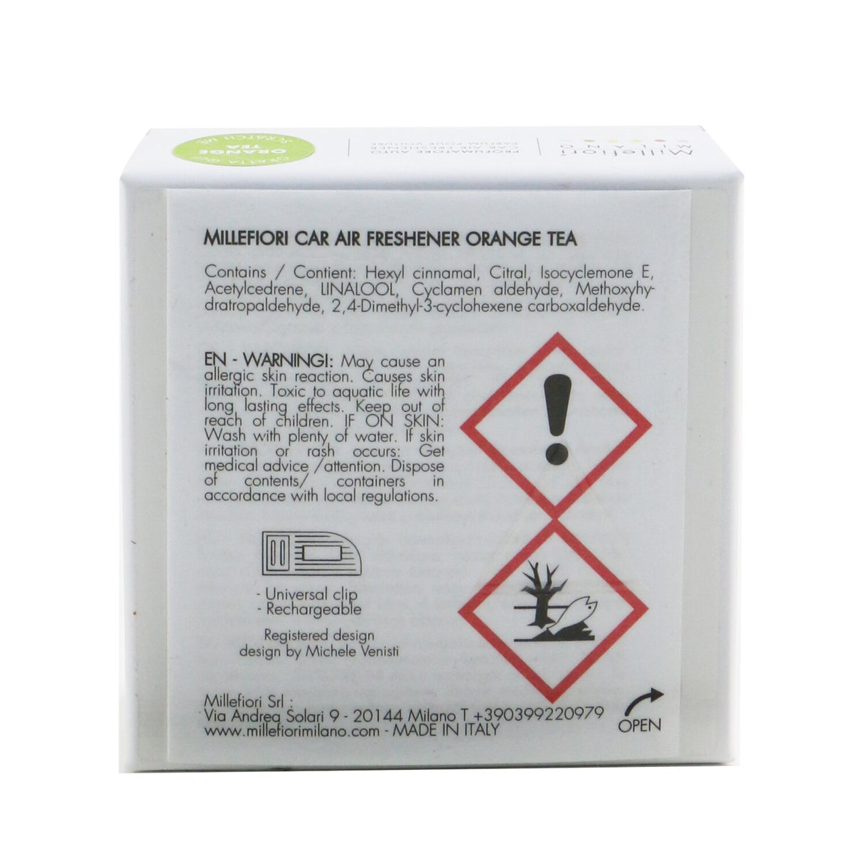 Stylish Millefiori geometric car air freshener in Orange Tea scent, with a clip for easy vent attachment and lasting fragrance.