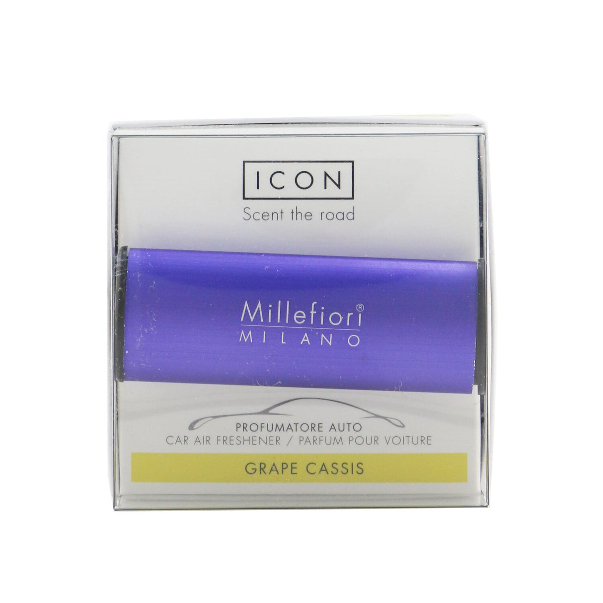 Stylish Millefiori Icon Classic Car Air Freshener in Grape Cassis, designed to refresh and elevate your driving experience.