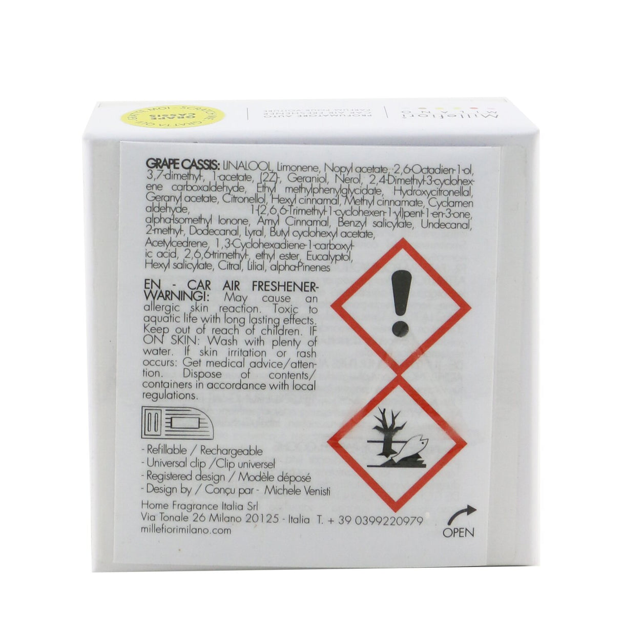 Millefiori Icon Classic Car Air Freshener in Grape Cassis, stylishly designed with a clip for fragrance and lasting freshness.