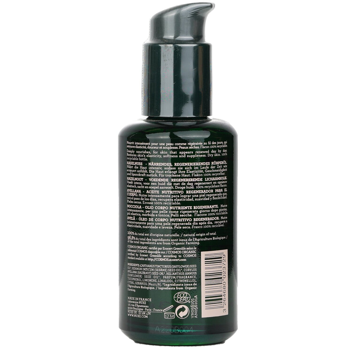 Nuxe Bio Organic Hazelnut Body Oil in a 100ml bottle, enriched with natural oils for deep hydration and a soothing scent.