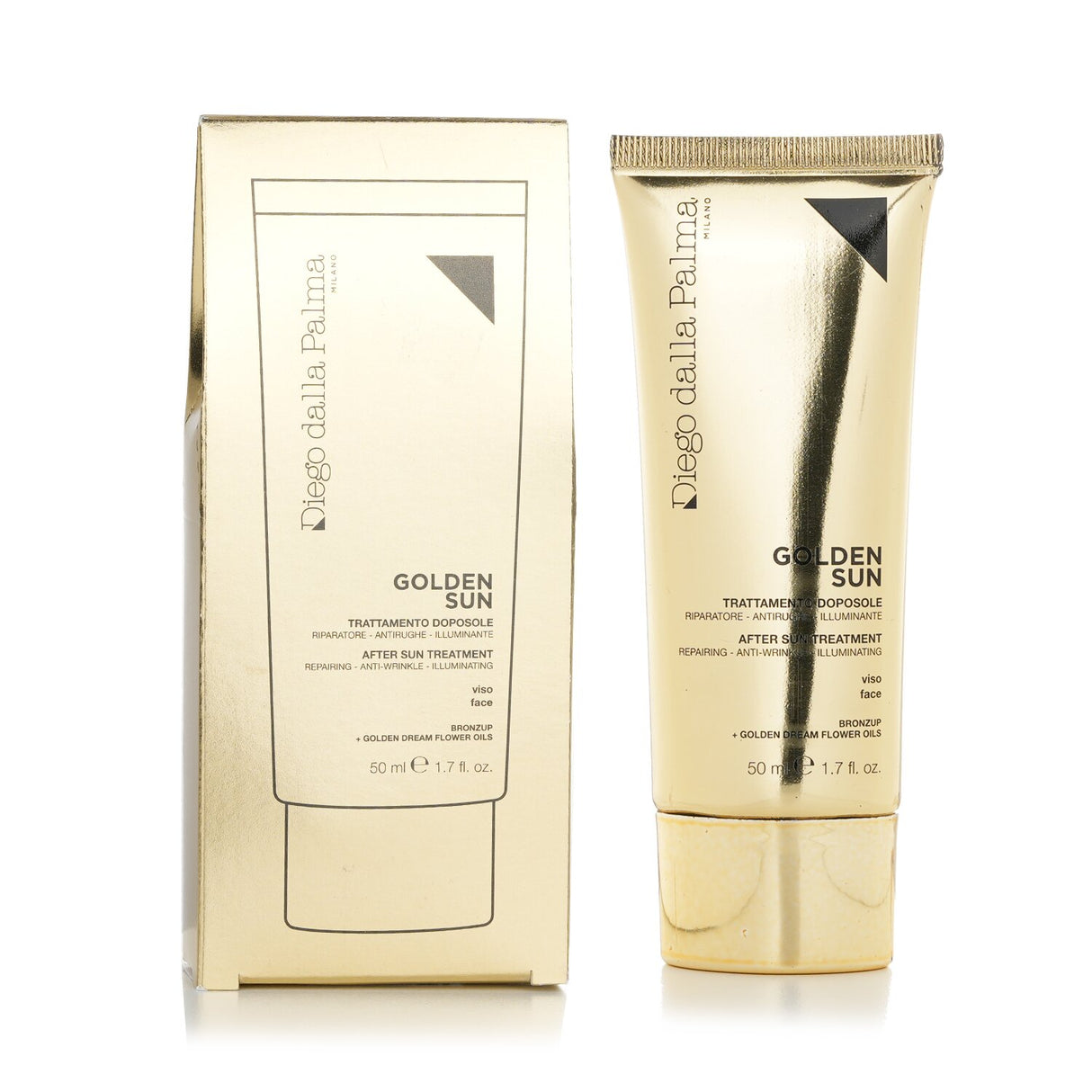 Luxurious after-sun cream treatment with golden particles, hydrates and enhances radiance for sun-exposed skin.