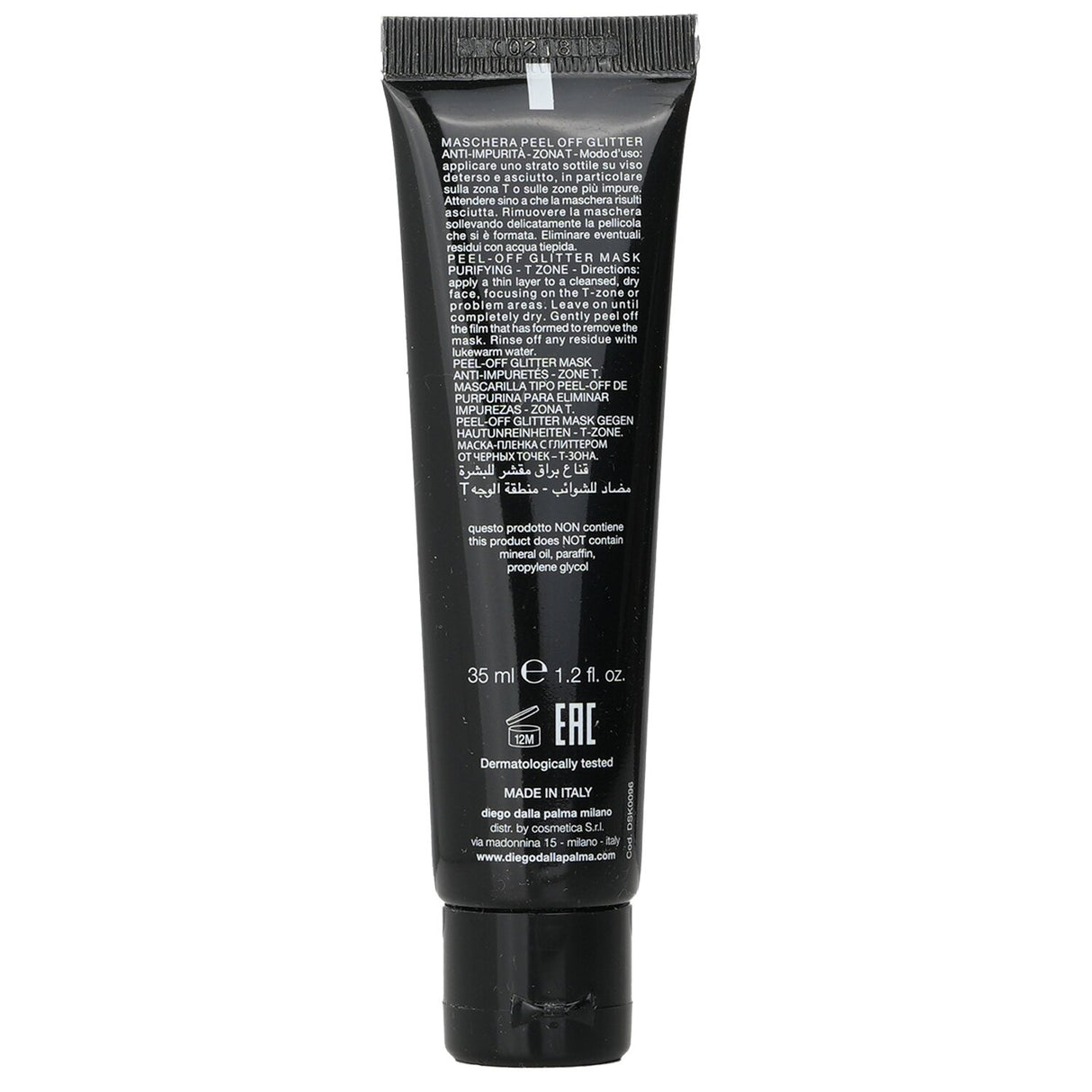 Diego Dalla Palma Black Secret T Zone Peel-Off Glitter Mask in 35ml, detoxifies skin, minimizes blackheads, and enhances radiance.