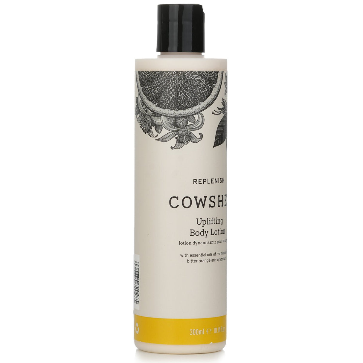Cowshed Replenish Uplifting Body Lotion in a 300ml bottle with citrus scent, enriched with Shea and Cocoa butters for deep hydration.