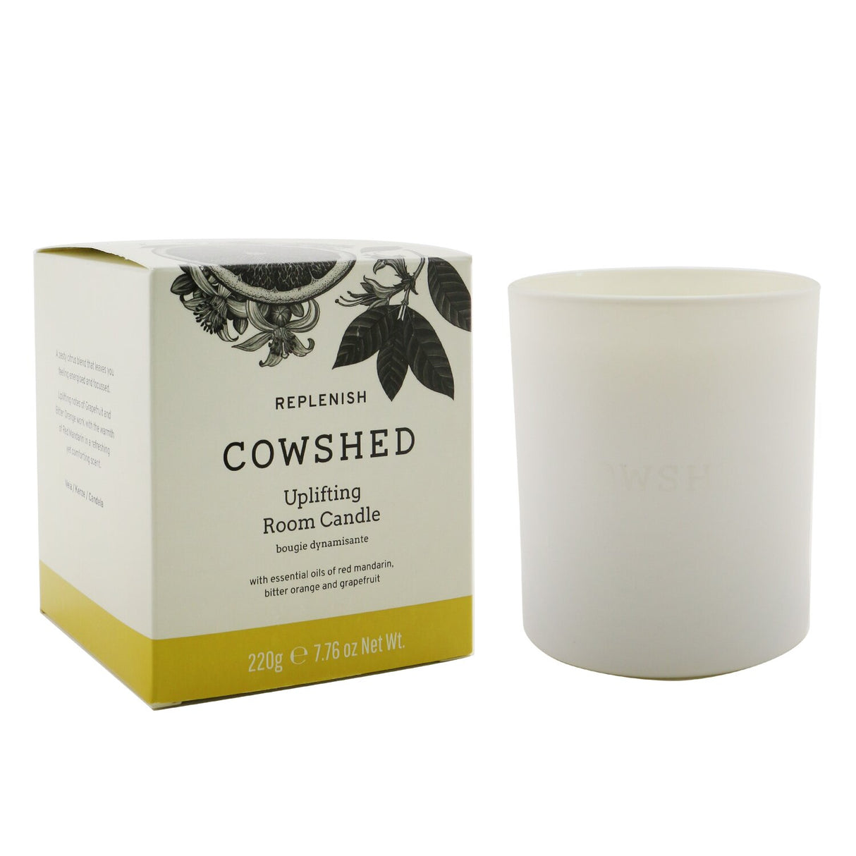 Cowshed Replenish Candle in a sleek jar, offering a zesty citrus fragrance for an uplifting ambiance, burns for 60 hours.